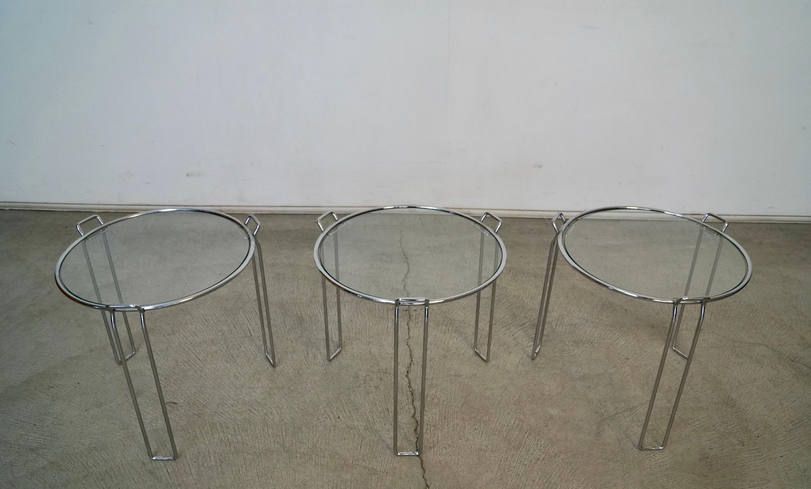 Glass 1970's Set of Three Mid-Century Modern Chrome Nesting Side Tables For Sale