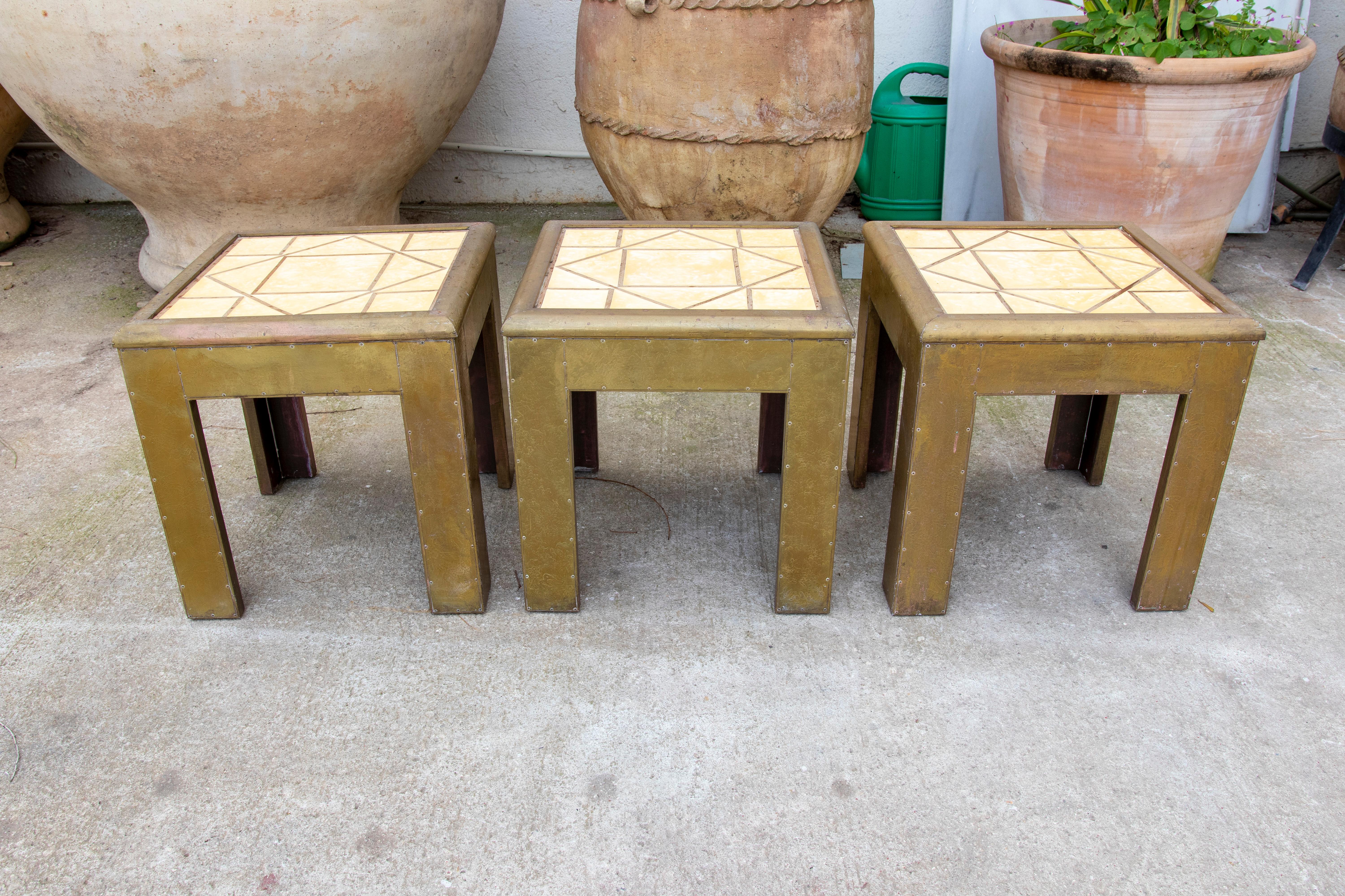 Brass 1970s Set of Three Small Tables by the Artist Dubarry with Decorated Resin Top For Sale