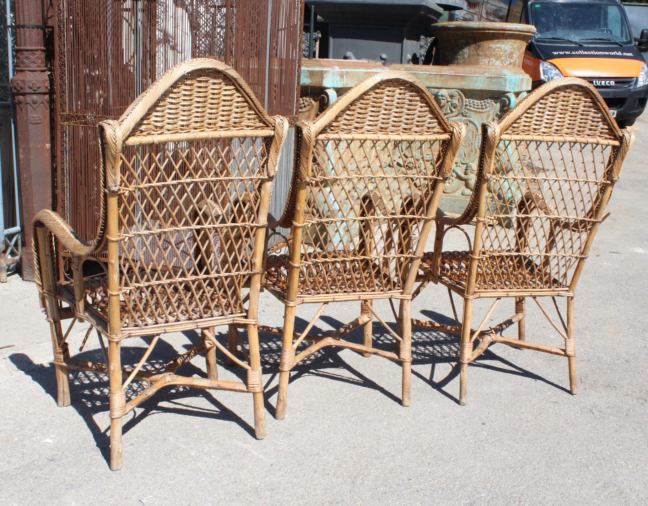 Late 20th Century 1970s Set of Three Spanish Bamboo and Lazed Rattan Armchairs For Sale
