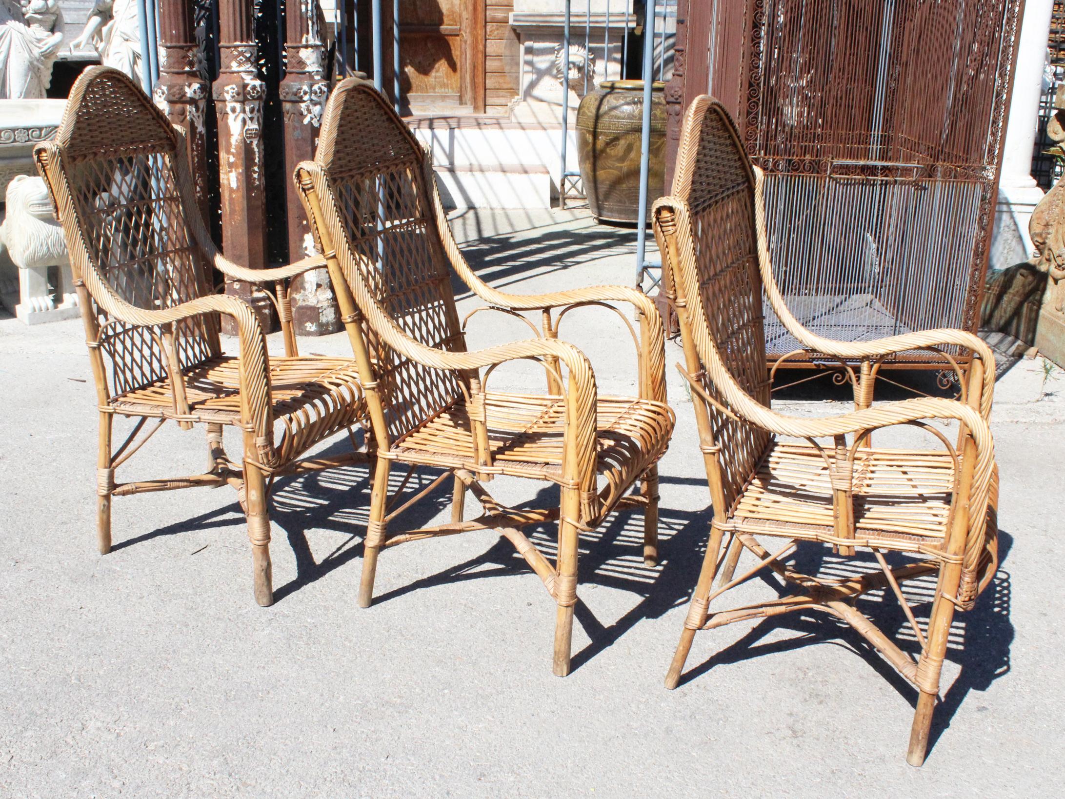 1970s Set of Three Spanish Bamboo and Lazed Rattan Armchairs For Sale 3