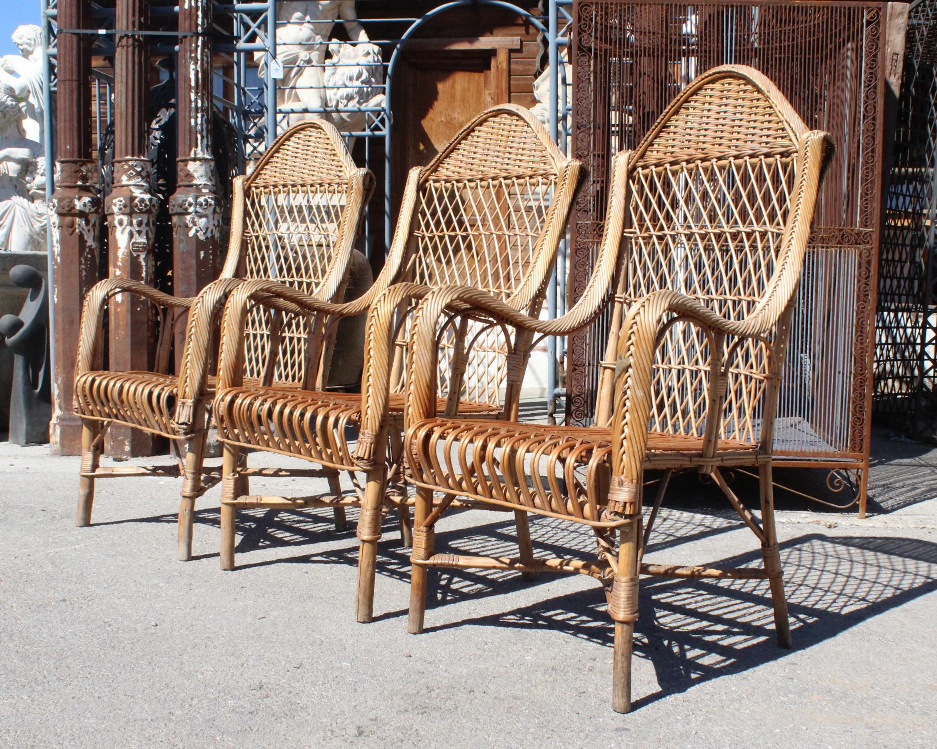 1970s Set of Three Spanish Bamboo and Lazed Rattan Armchairs For Sale 4