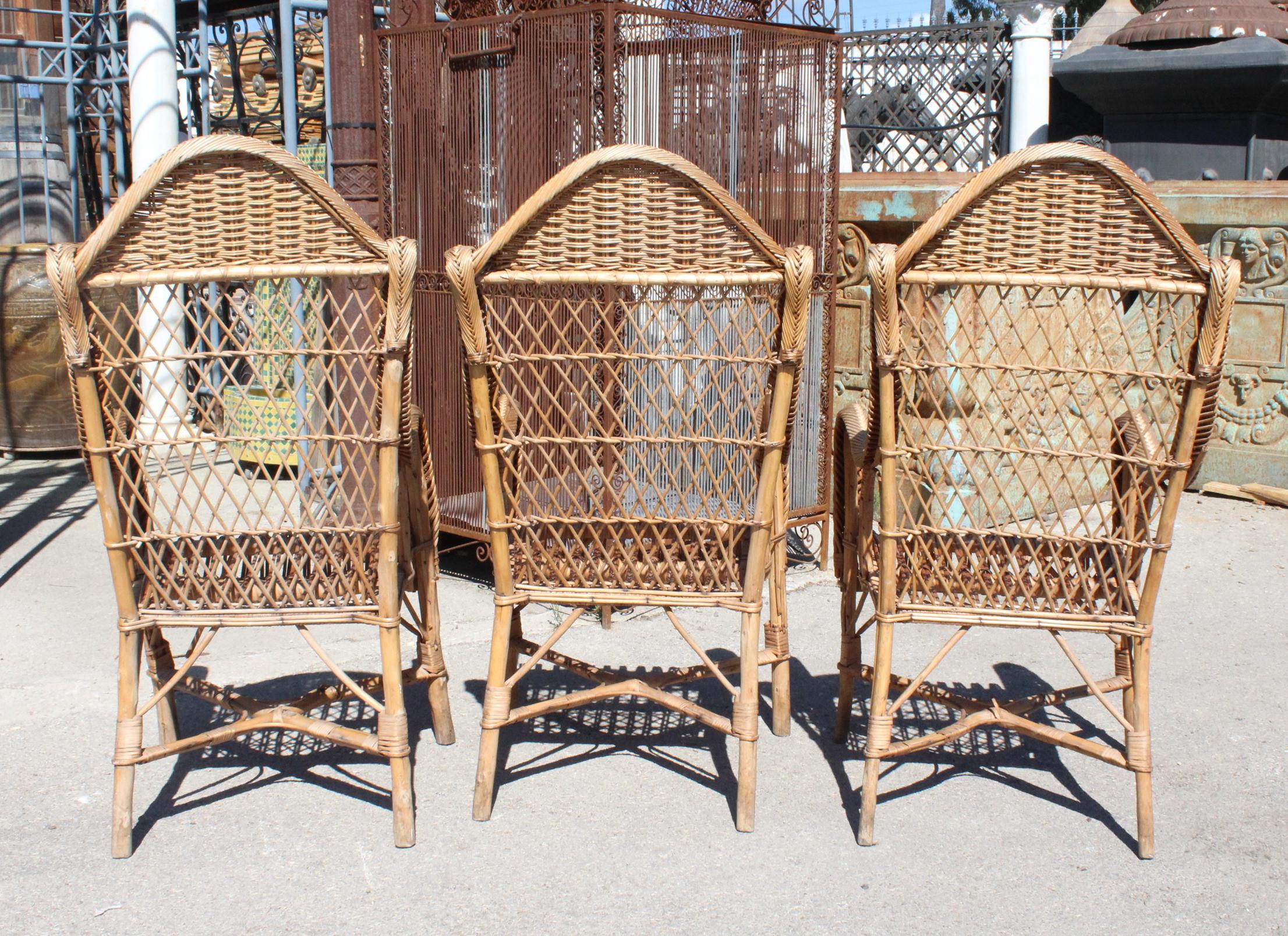 1970s Set of Three Spanish Bamboo and Lazed Rattan Armchairs For Sale 5