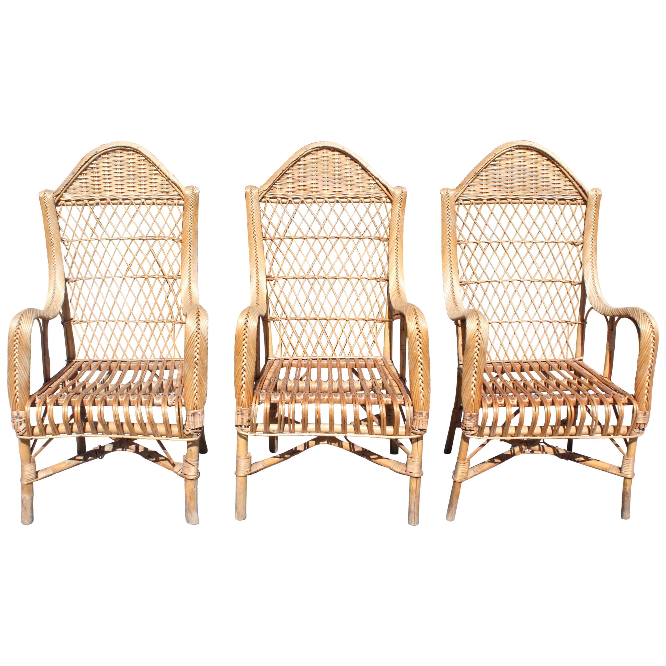 1970s Set of Three Spanish Bamboo and Lazed Rattan Armchairs For Sale