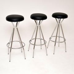 1970's Set of Three Vintage Chrome Steel Bar Stools