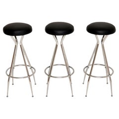 1970's Set of Three Vintage Chrome Steel Bar Stools