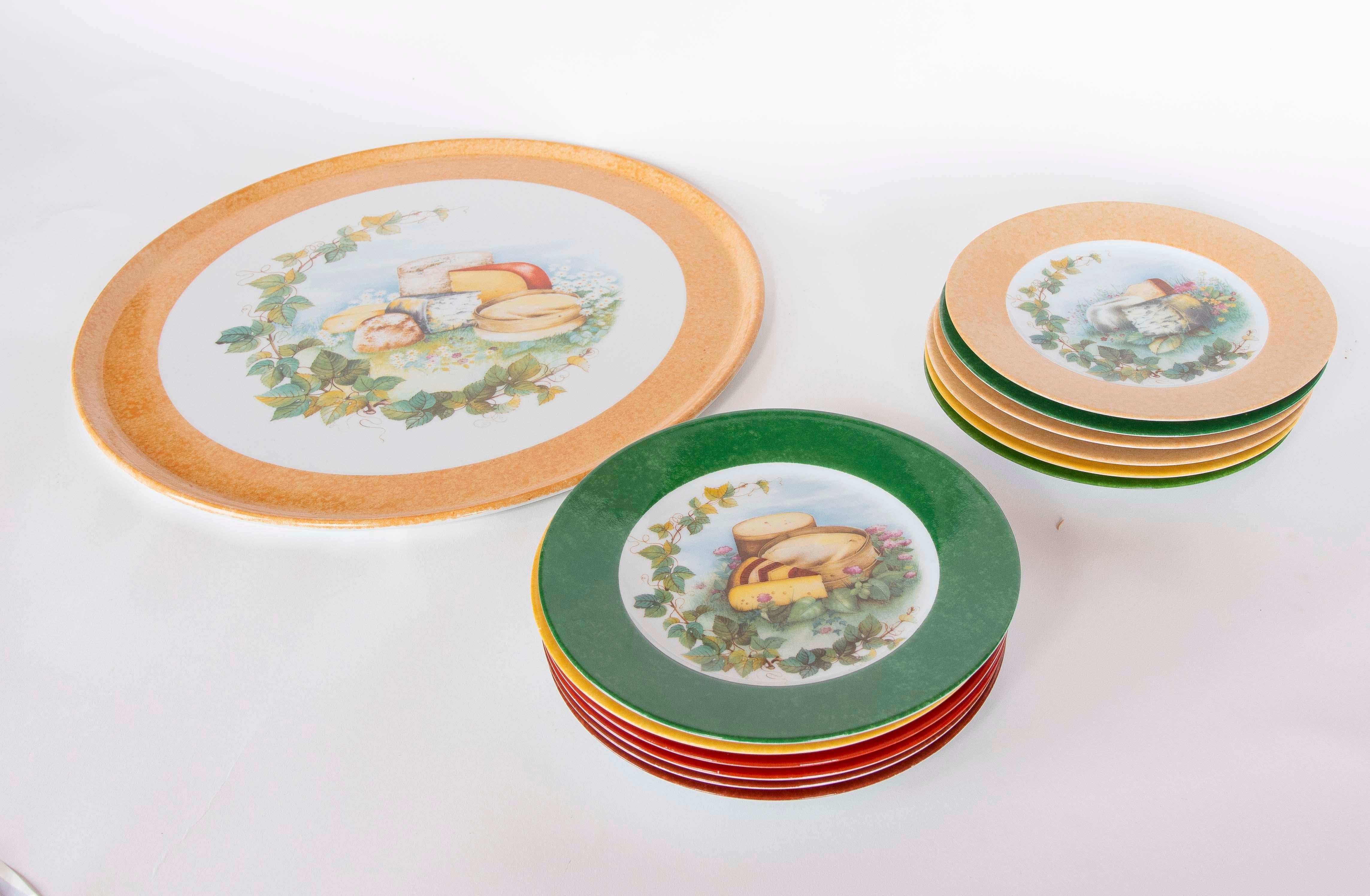 French 1970s Set of Twelve Laure Japy Decorative Plates with Cheese and Fruit Patterns For Sale