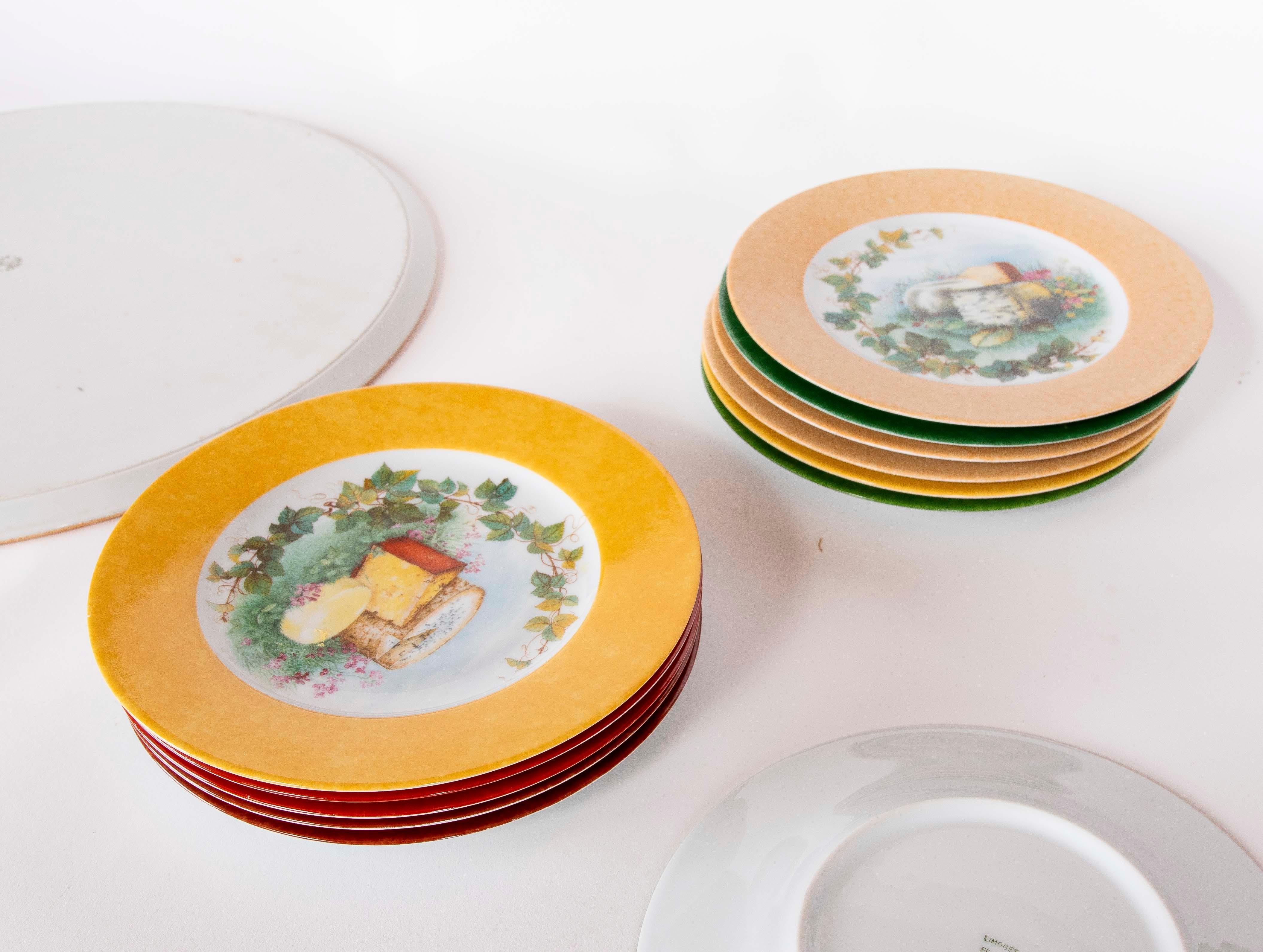 Ceramic 1970s Set of Twelve Laure Japy Decorative Plates with Cheese and Fruit Patterns For Sale
