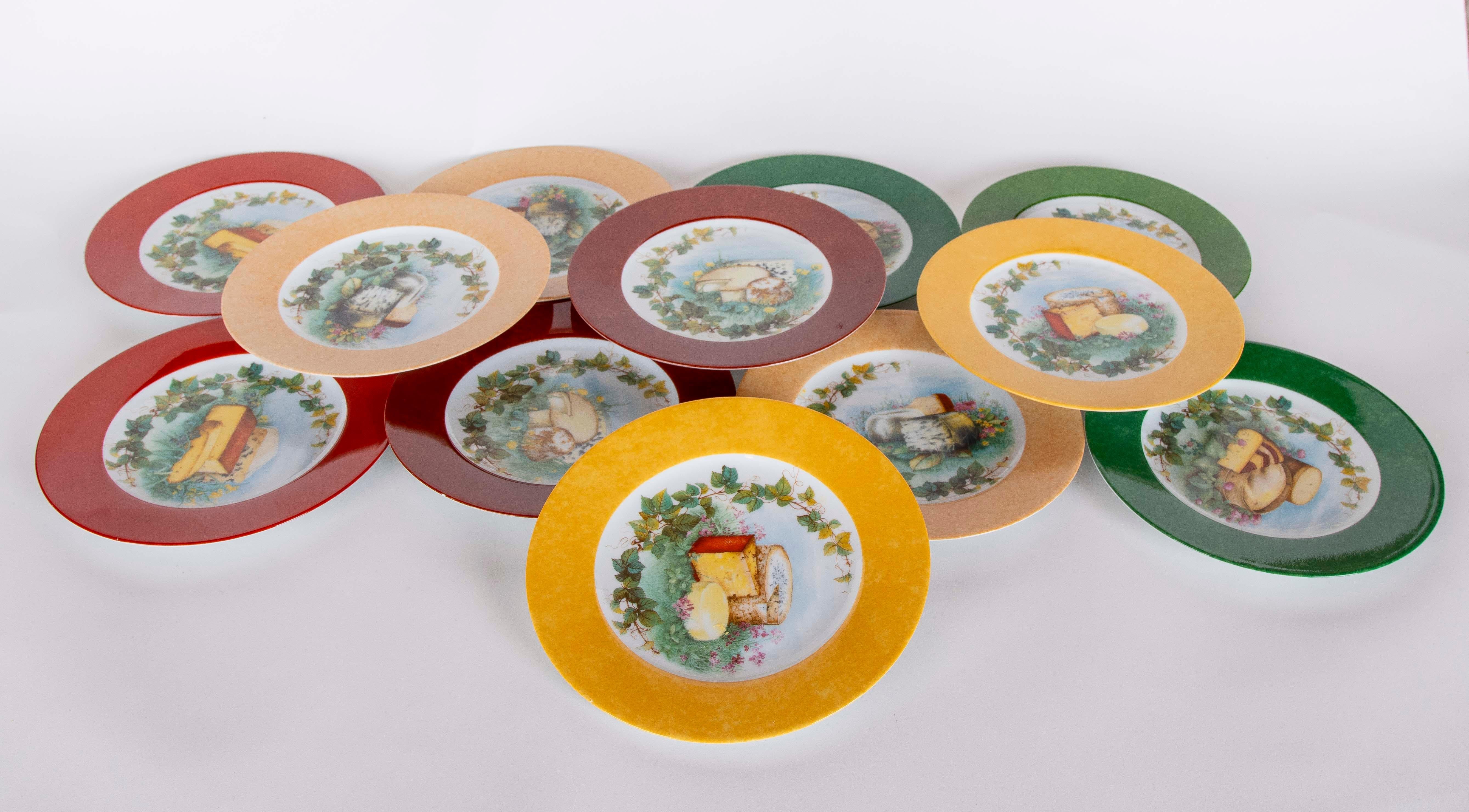 1970s Set of Twelve Laure Japy Decorative Plates with Cheese and Fruit Patterns For Sale 1