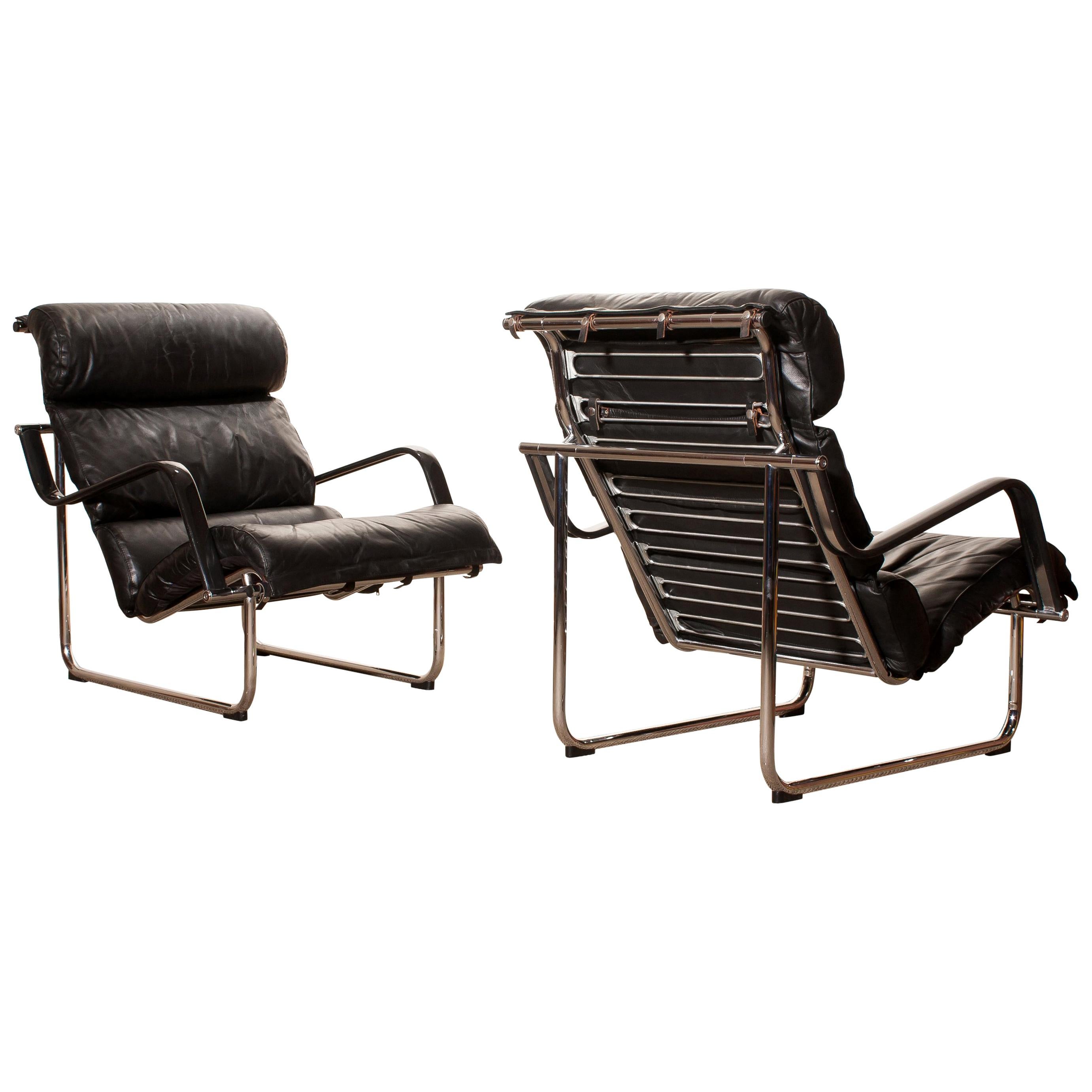 Modern 1970s, Set of Two Black Leather 'Remmie' Lounge Chairs, Yrjö Kukkapuro, Finland