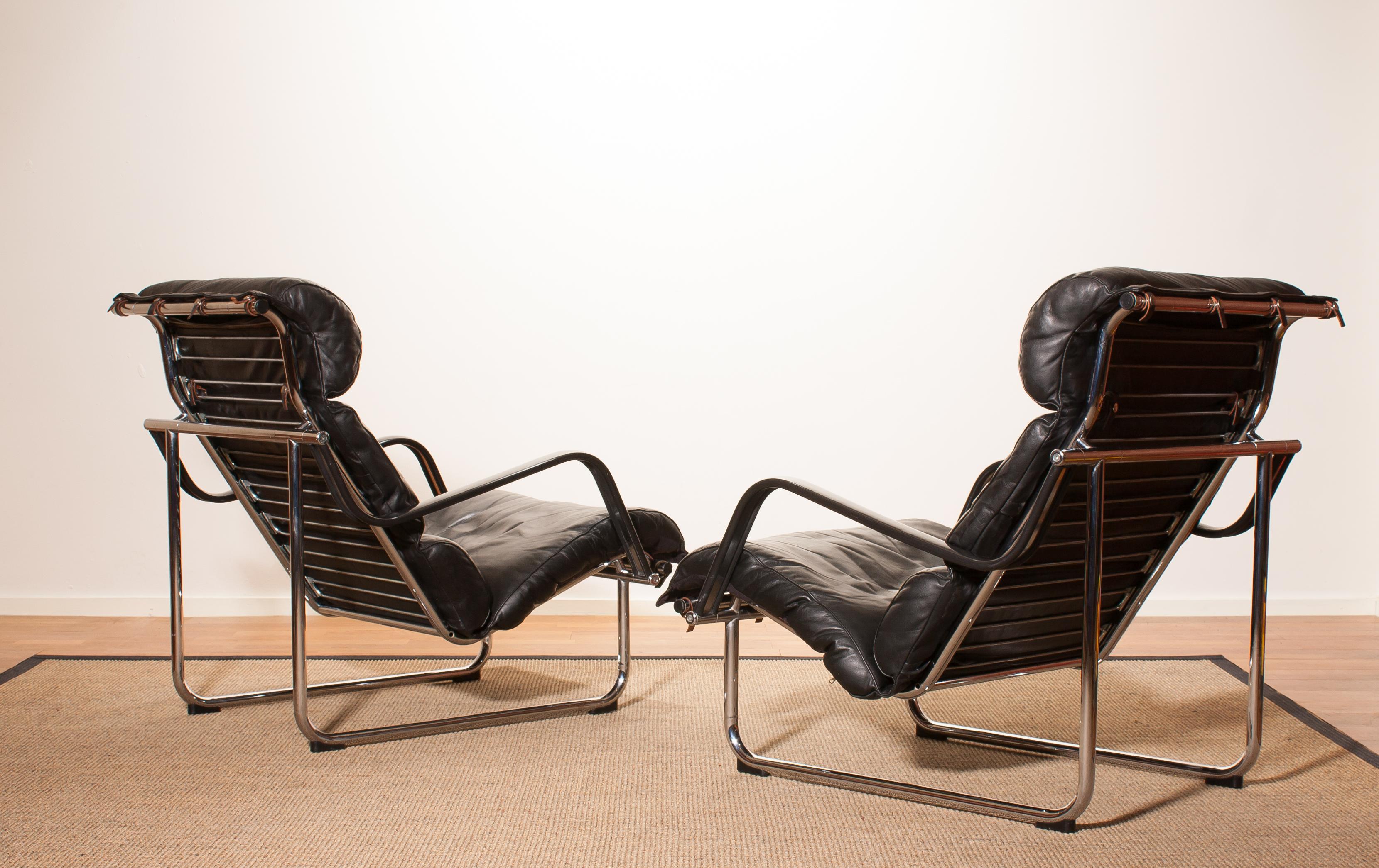 Late 20th Century 1970s, Set of Two Black Leather 'Remmie' Lounge Chairs, Yrjö Kukkapuro, Finland