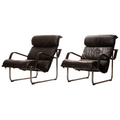 1970s, Set of Two Black Leather 'Remmie' Lounge Chairs, Yrjö Kukkapuro, Finland