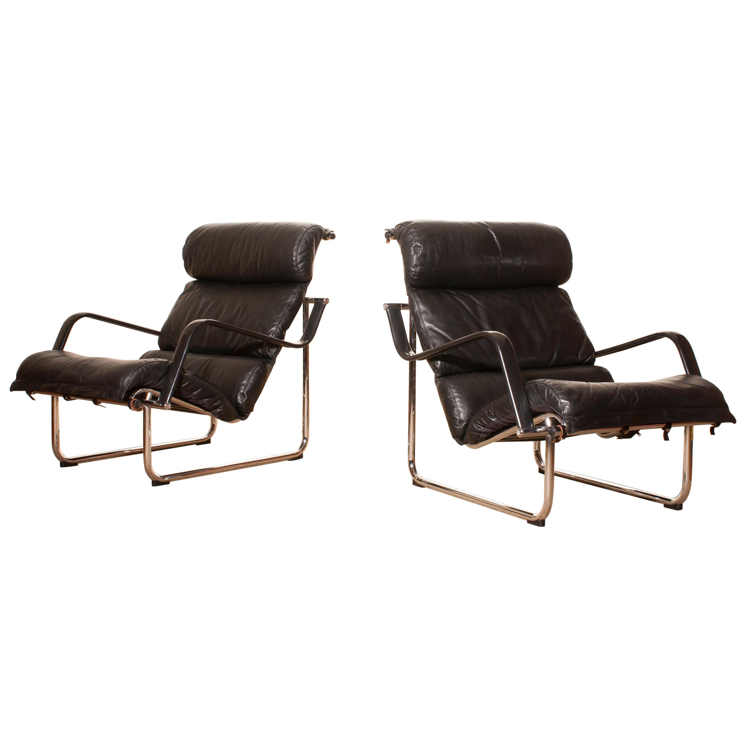 1970s, Set of Two Black Leather 'Remmie' Lounge Chairs, Yrjö Kukkapuro, Finland