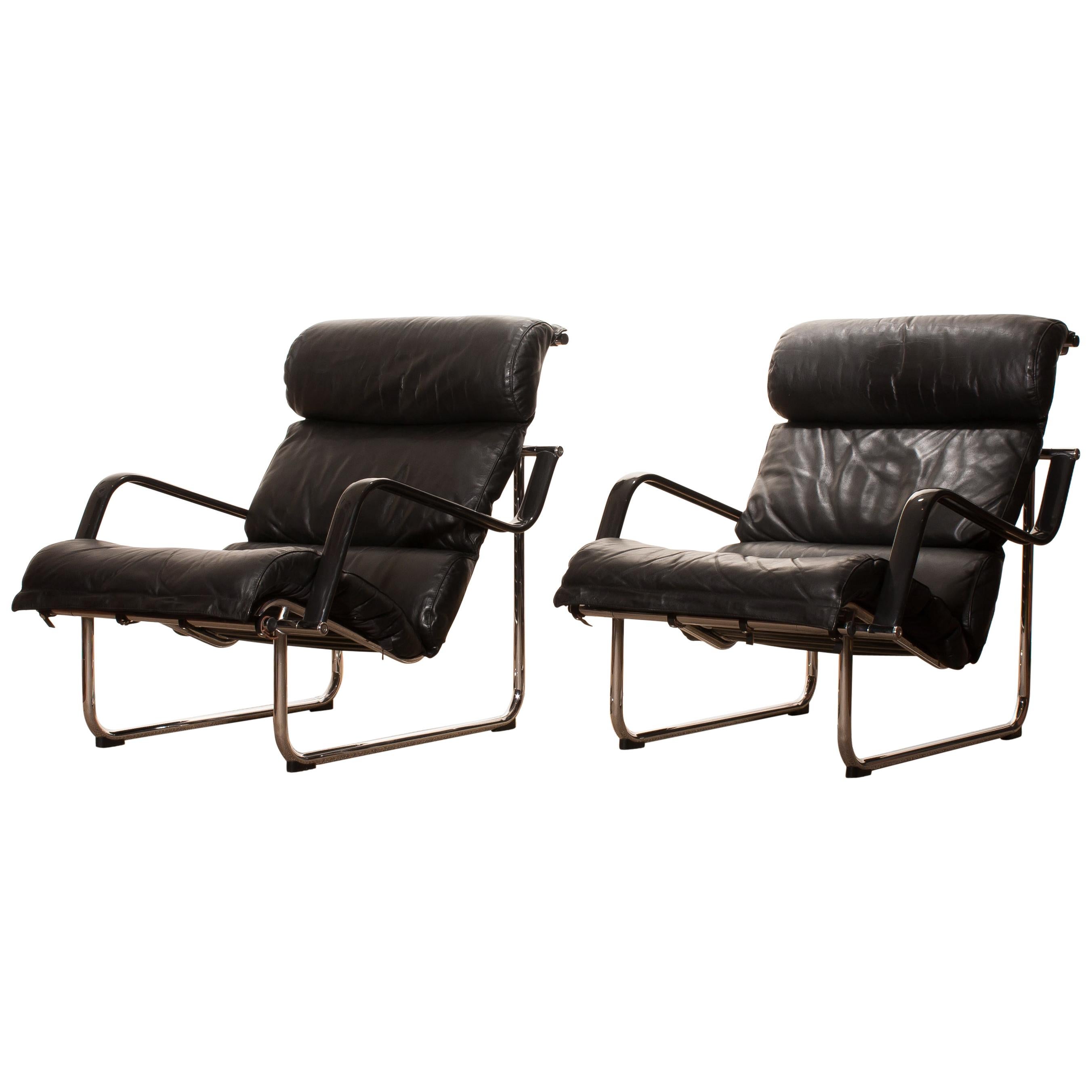 1970s, Set of Two Black Leather 'Remmie' Lounge Chairs, Yrjö Kukkapuro, Finland