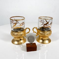 1970s Set of Two Fancy Gold Leaf Glass Demitasse Turkish Tea Mugs Arcoroc France