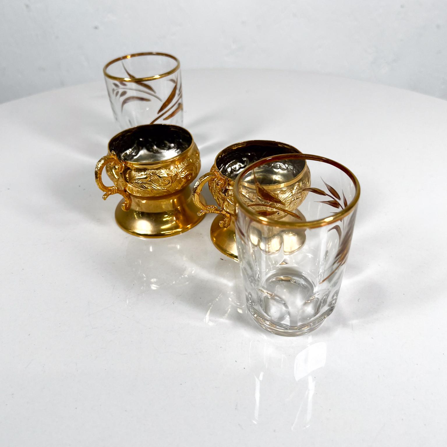 1970s Set of Two Fancy Gold Leaf Glass Demitasse Turkish Tea Mugs Arcoroc France 1