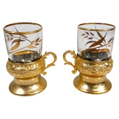 1970s Set of Two Fancy Gold Leaf Glass Demitasse Turkish Tea Mugs Arcoroc France