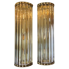 1970s Set of Two Huge Mid-Century Modern Brass and Glass Italian Wall Sconces