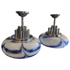 1970s Set of Two Huge Space Age White and Blue Murano Glass Pendants by Mazzega