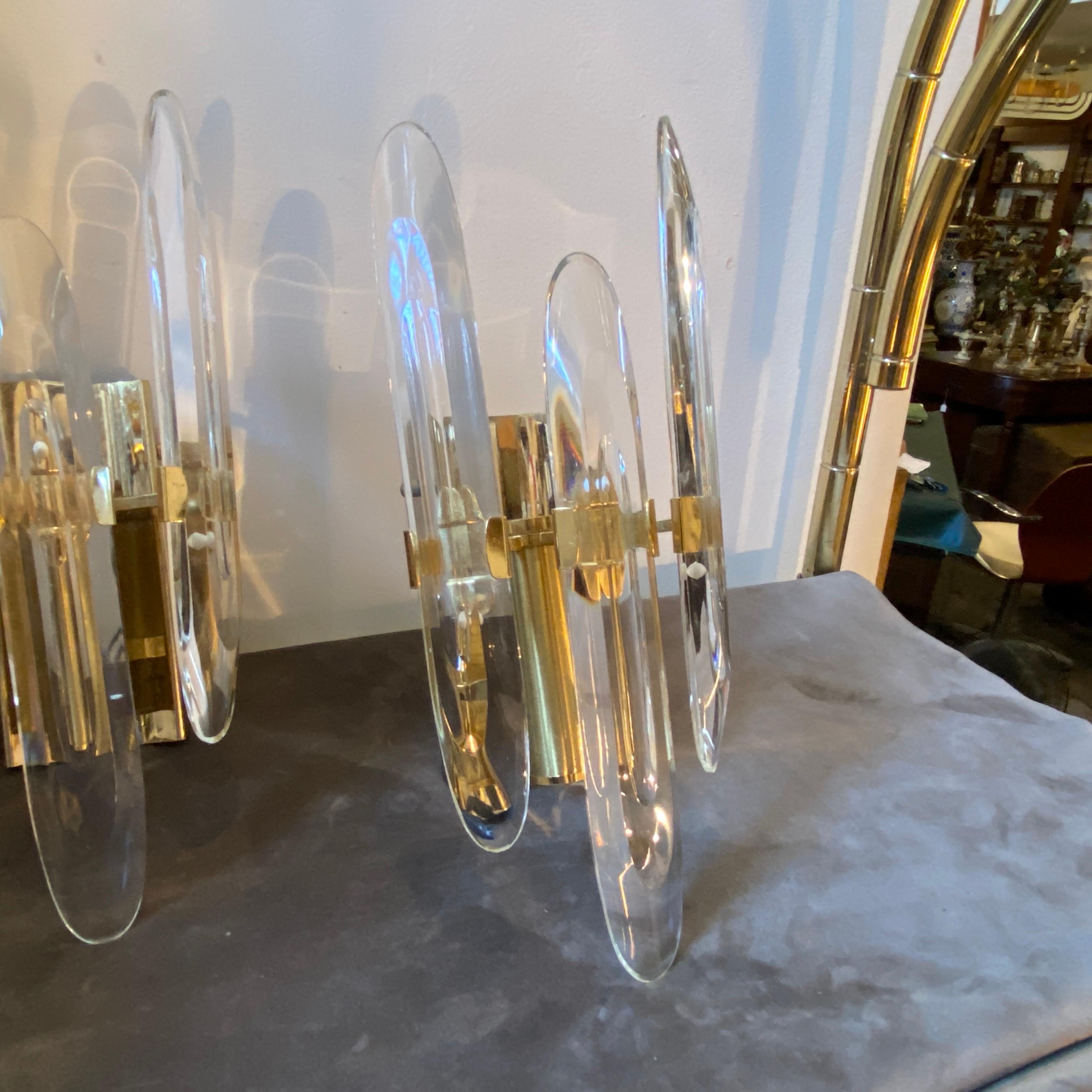 Mid-Century Modern 1970s Set of Two Iconic Glass and Brass Italian Wall Sconces by Gaetano Sciolari