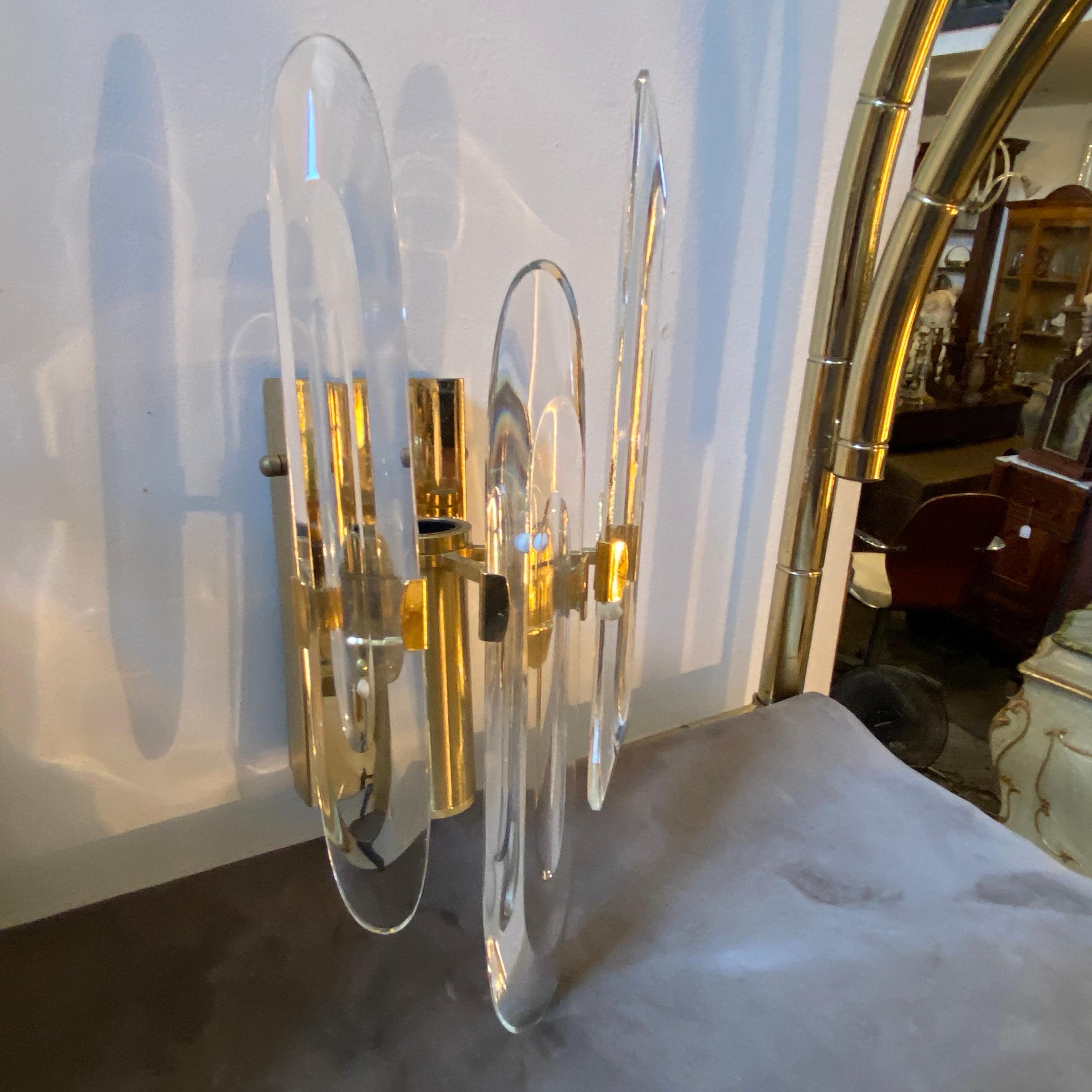 20th Century 1970s Set of Two Iconic Glass and Brass Italian Wall Sconces by Gaetano Sciolari