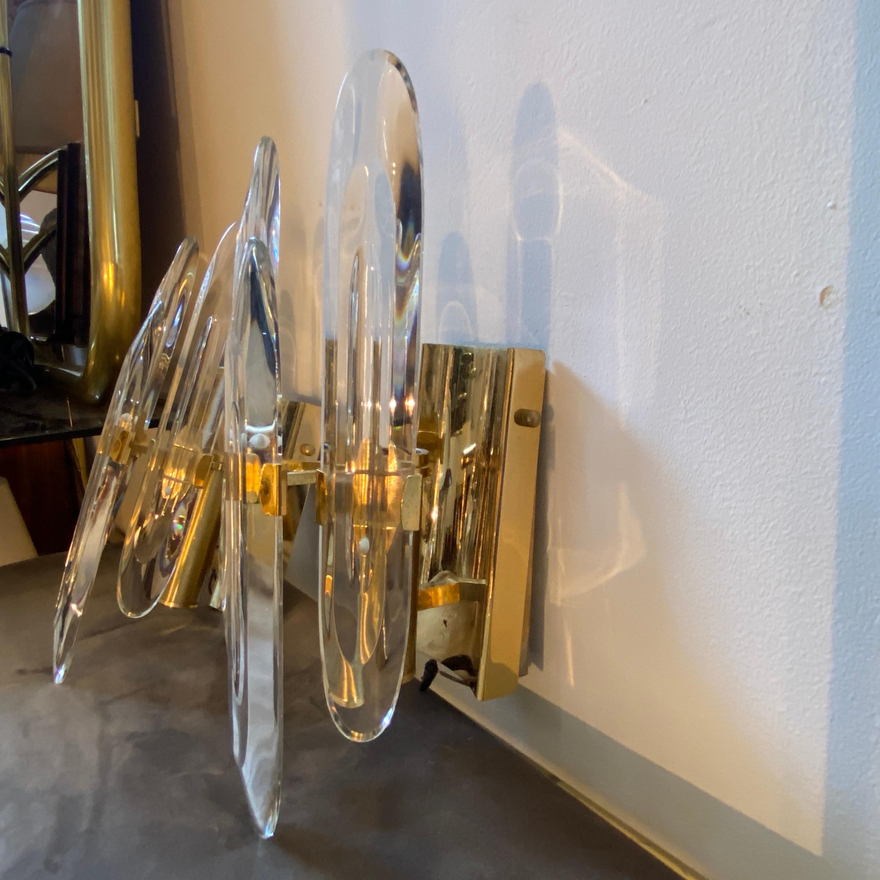 Optical Glass 1970s Set of Two Iconic Glass and Brass Italian Wall Sconces by Gaetano Sciolari