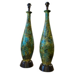 Vintage 1970s Set of two Lava Blue Green and Black Ceramic Huge Table Lamps