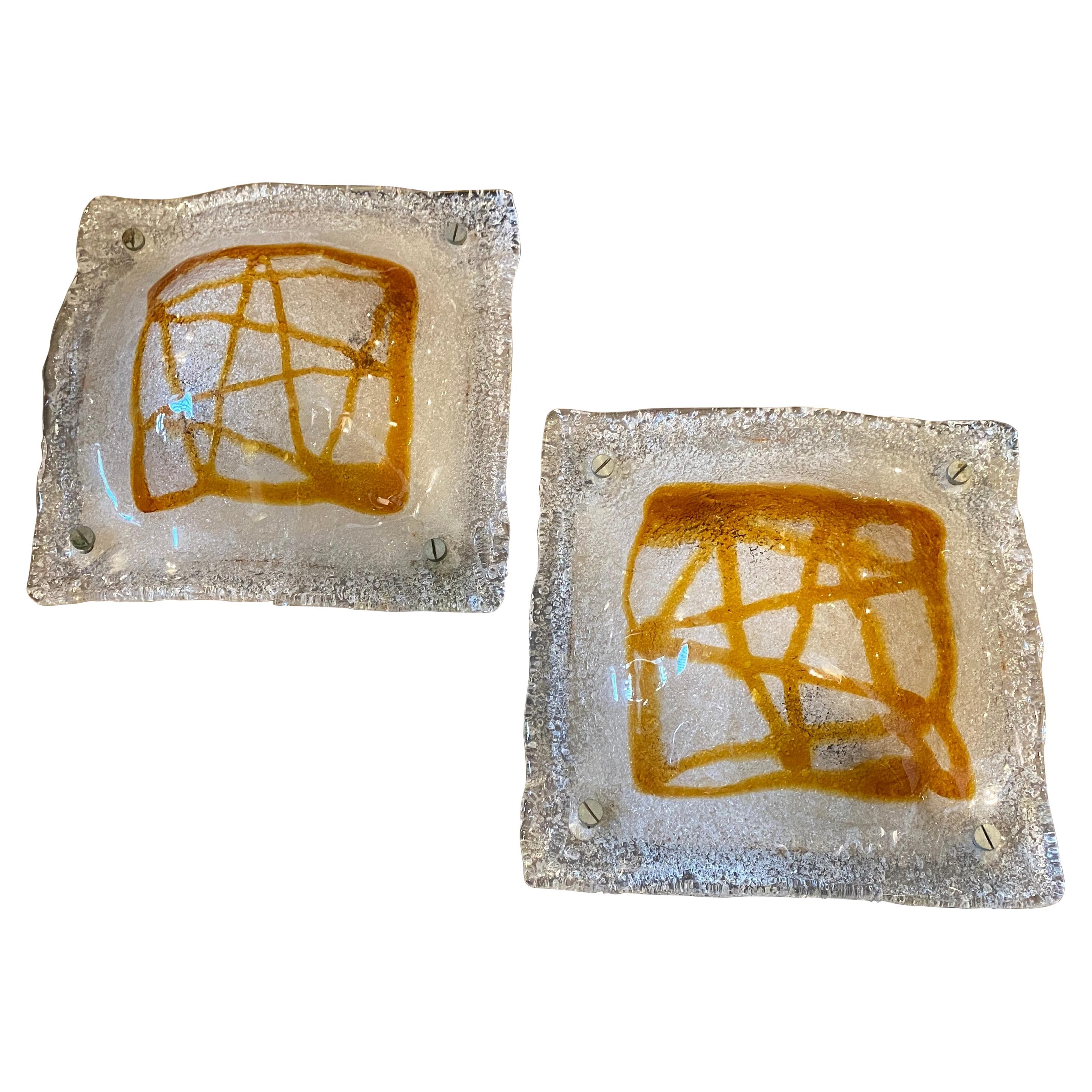 Two 1970s Mazzega Space Age Orange and White Murano Glass SquareWall Sconces