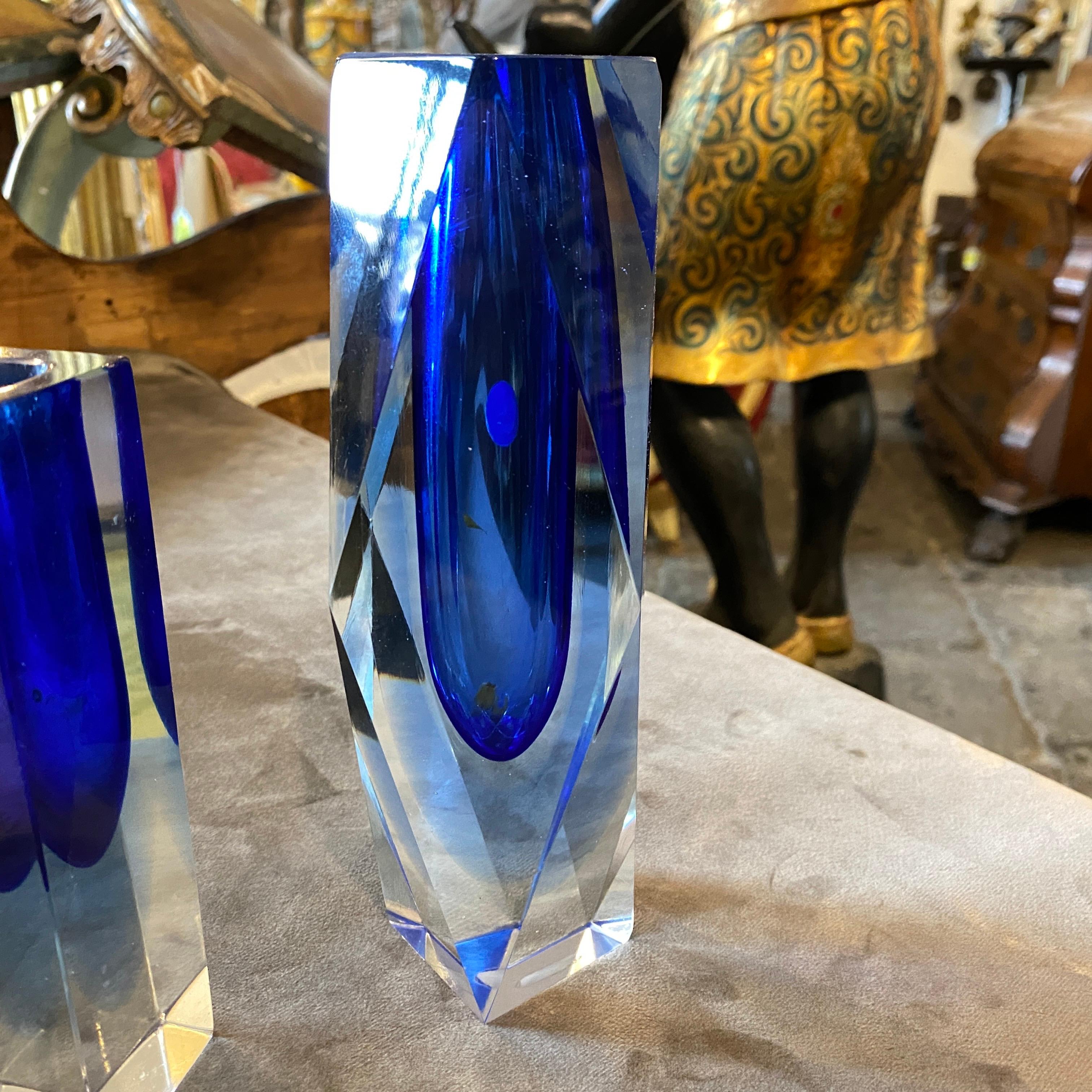 Italian 1970s Set of Two Mid-Century Modern Blue Murano Glass Vases by Seguso