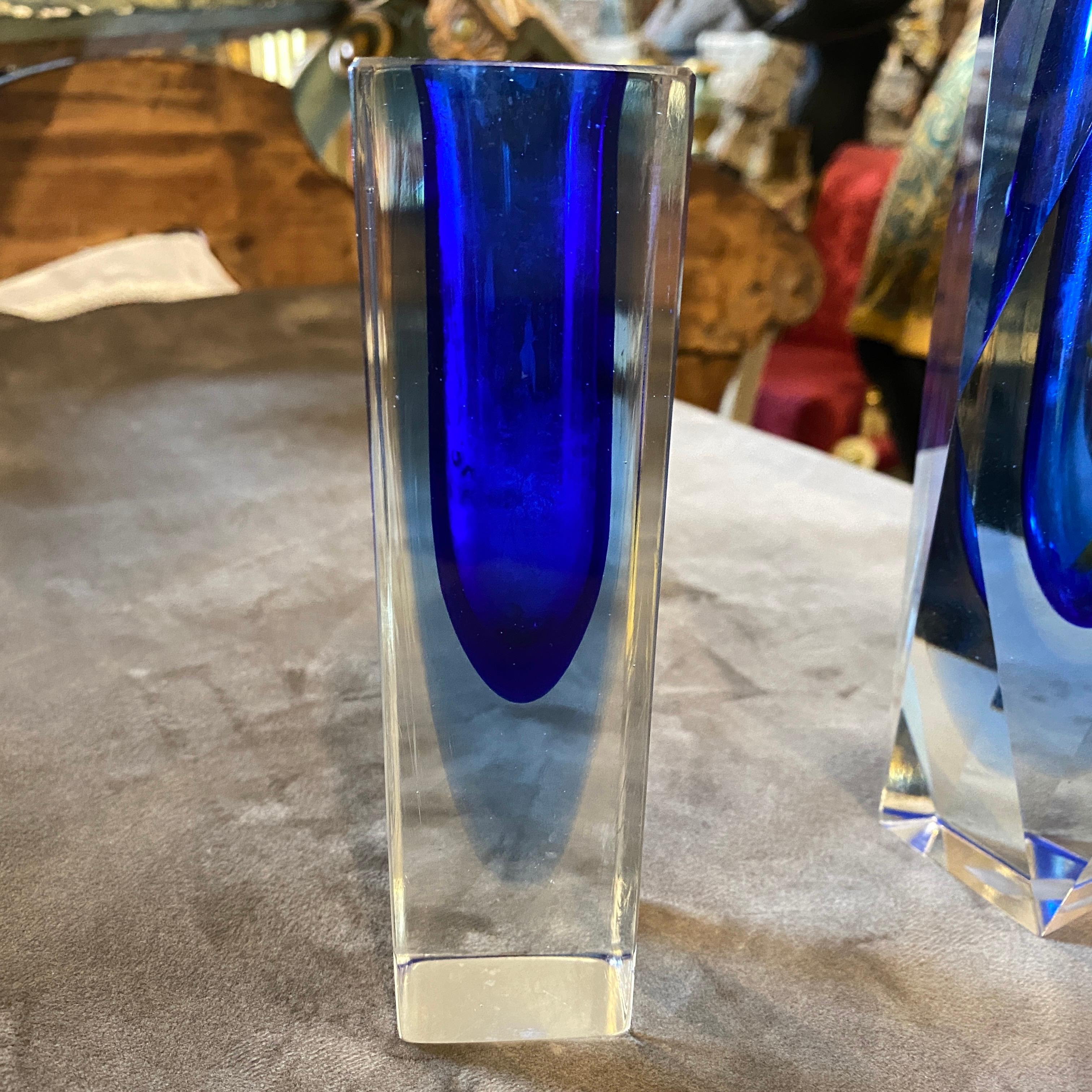 Hand-Crafted 1970s Set of Two Mid-Century Modern Blue Murano Glass Vases by Seguso