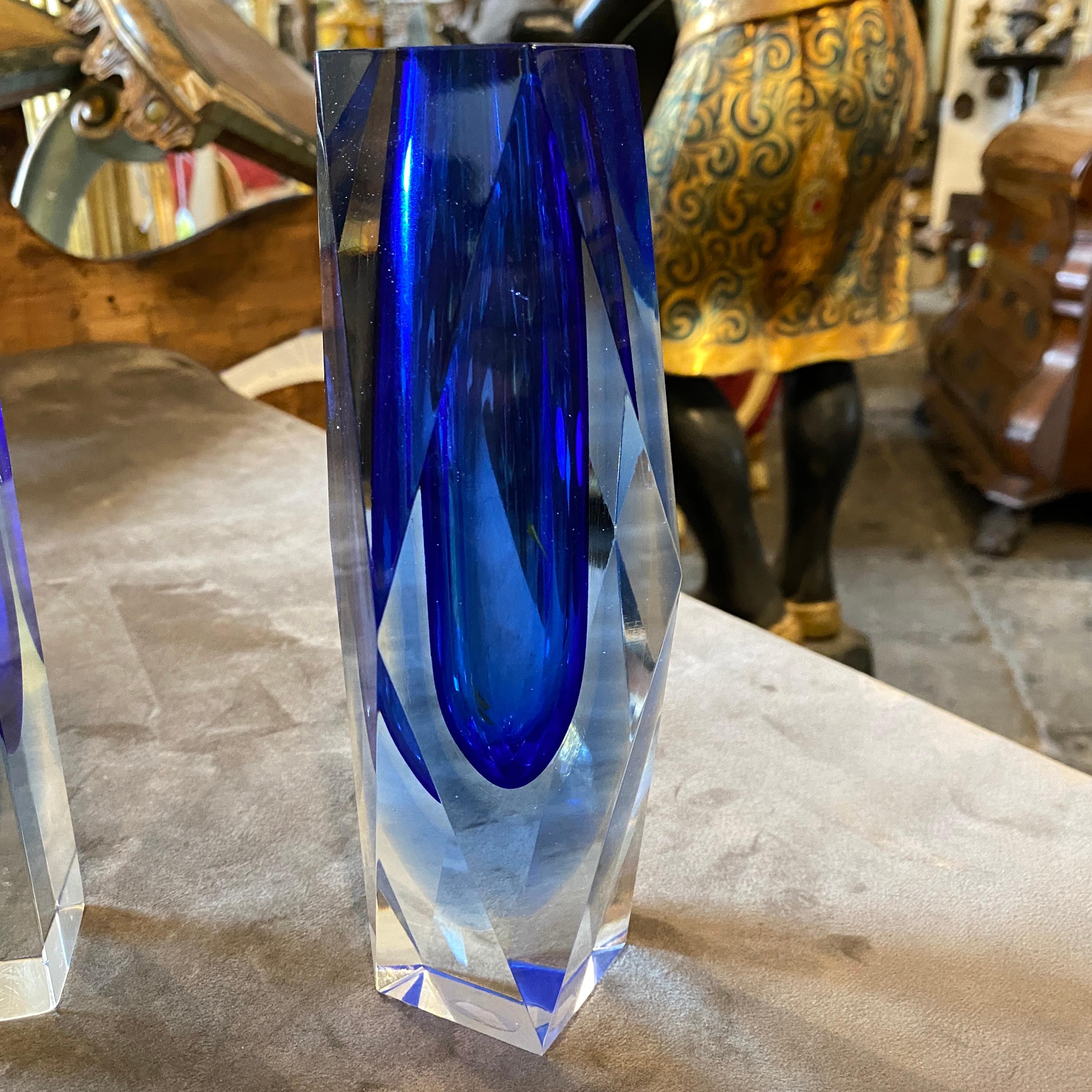 20th Century 1970s Set of Two Mid-Century Modern Blue Murano Glass Vases by Seguso