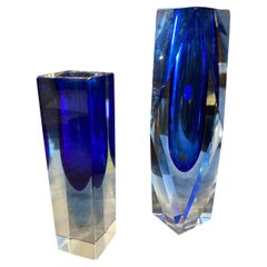 1970s Set of Two Mid-Century Modern Blue Murano Glass Vases by Seguso