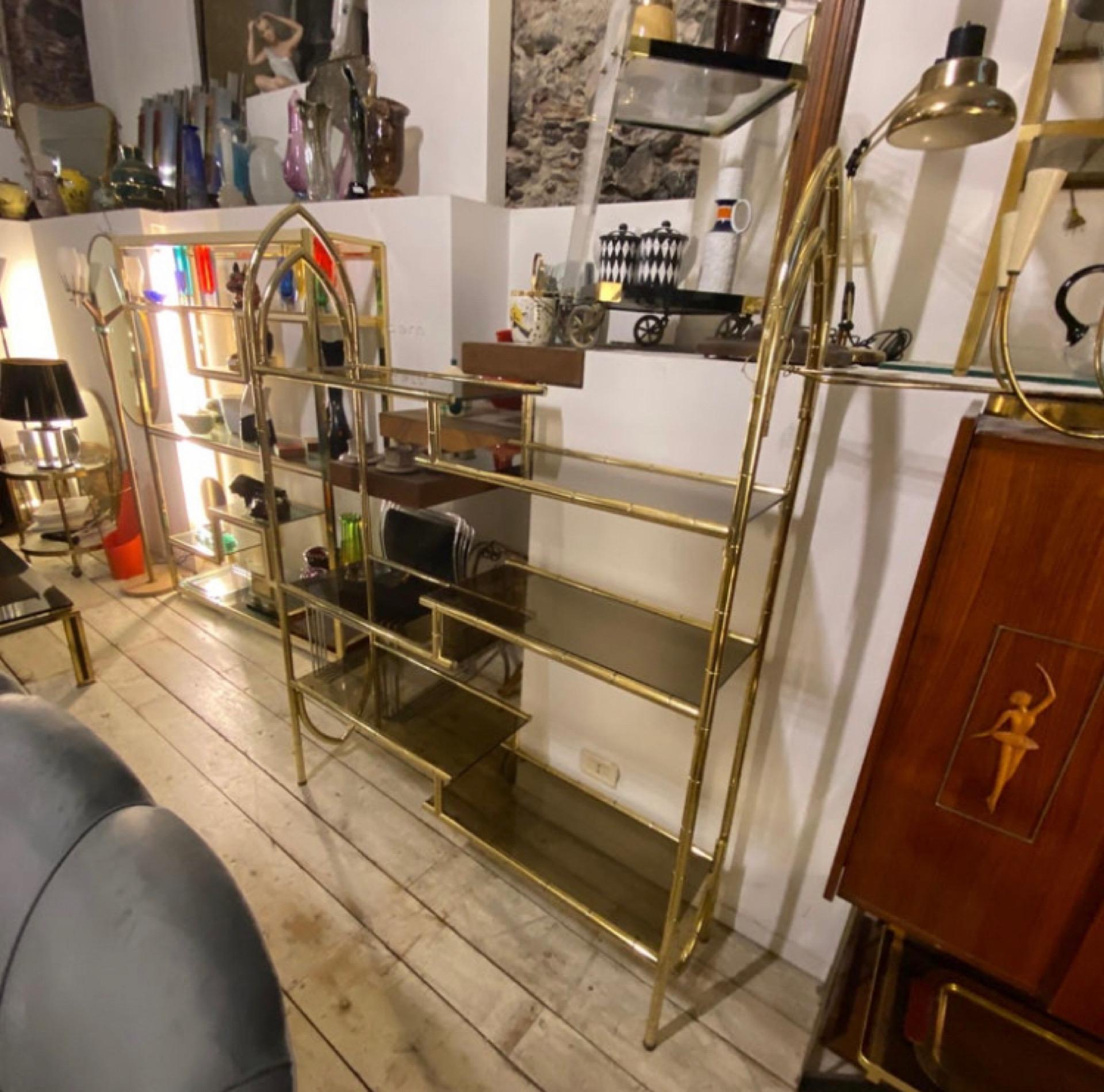 Two 70s Mid-Century Modern Brass and Smoked Glass Italian BookCases For Sale 1