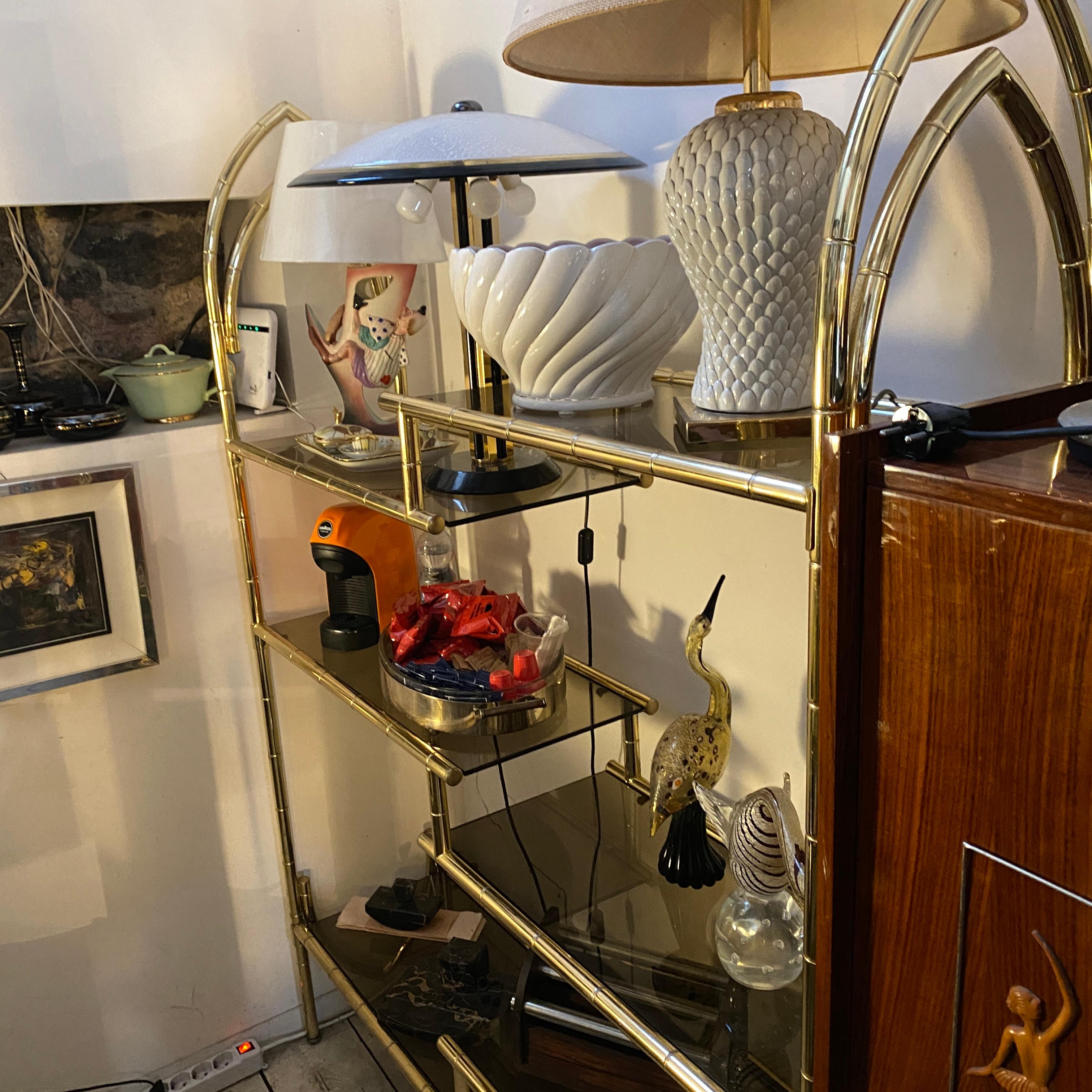 Two 70s Mid-Century Modern Brass and Smoked Glass Italian BookCases For Sale 5