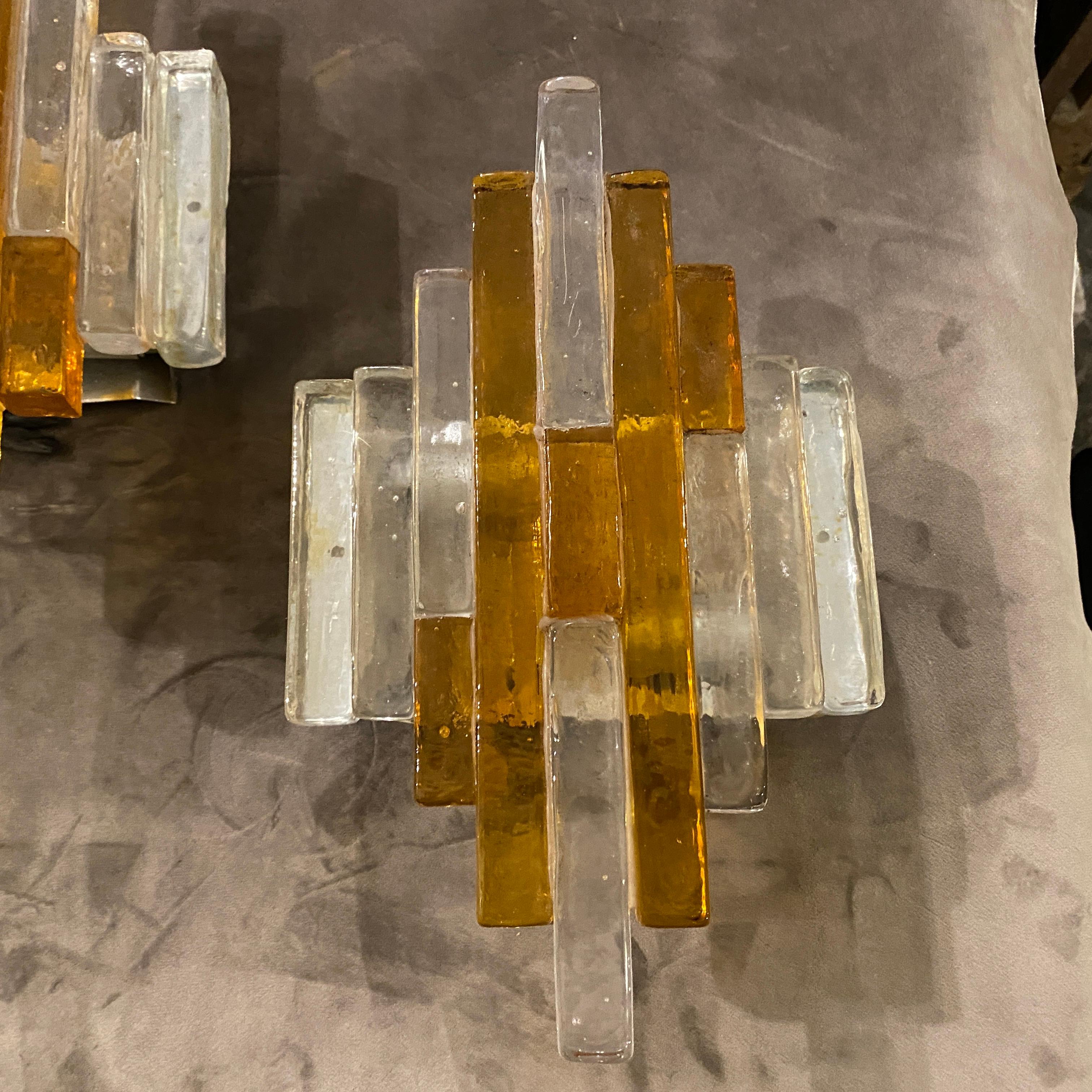Italian 1970s Set of Two Mid-Century Modern Iconic Poliarte Murano Glass Wall Sconces