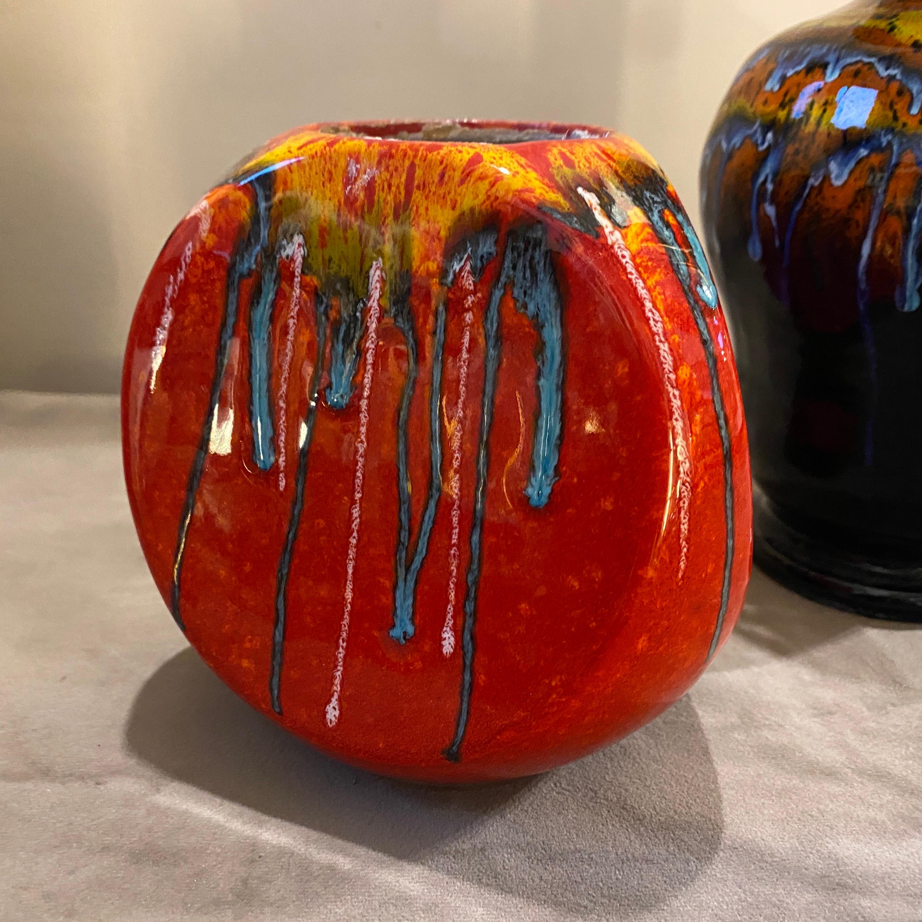 Hand-Painted 1970s Set of Two Mid-Century Modern Polychrome Ceramic Vases by Bertoncello