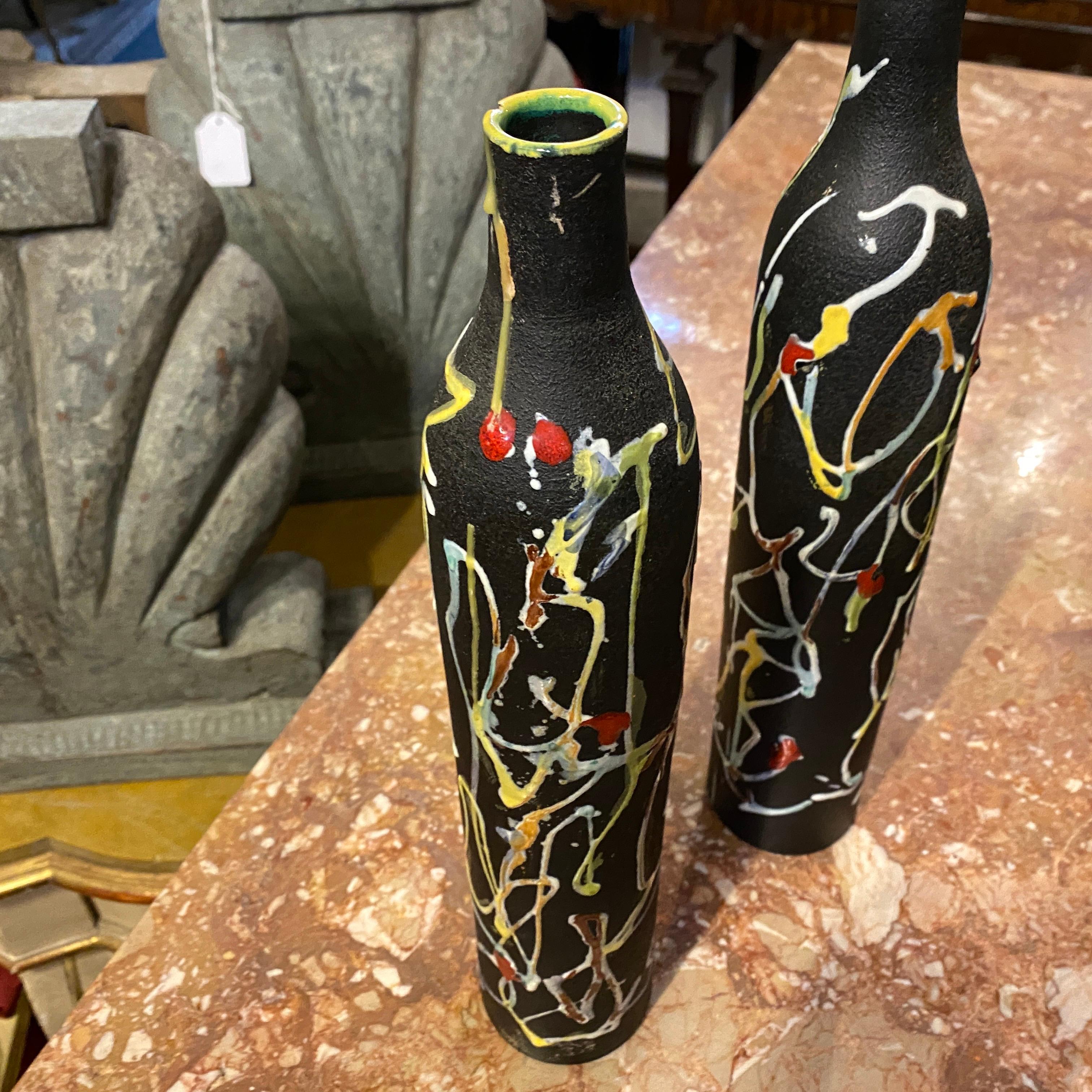 Mid-Century Modern 1970s Set of Two Modernist Italian Ceramic Bottle Vases by Ce.As Albisola For Sale
