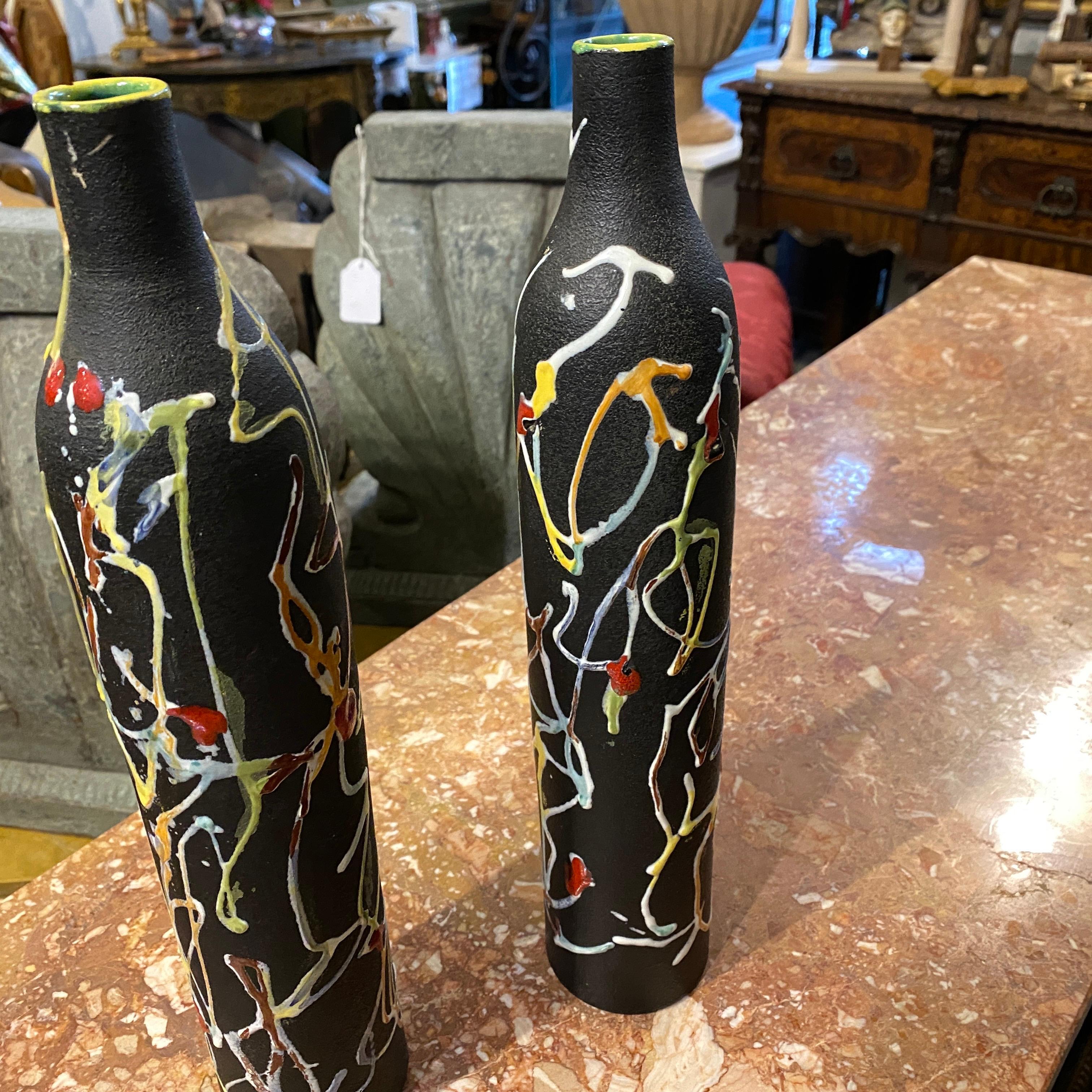 Hand-Crafted 1970s Set of Two Modernist Italian Ceramic Bottle Vases by Ce.As Albisola For Sale