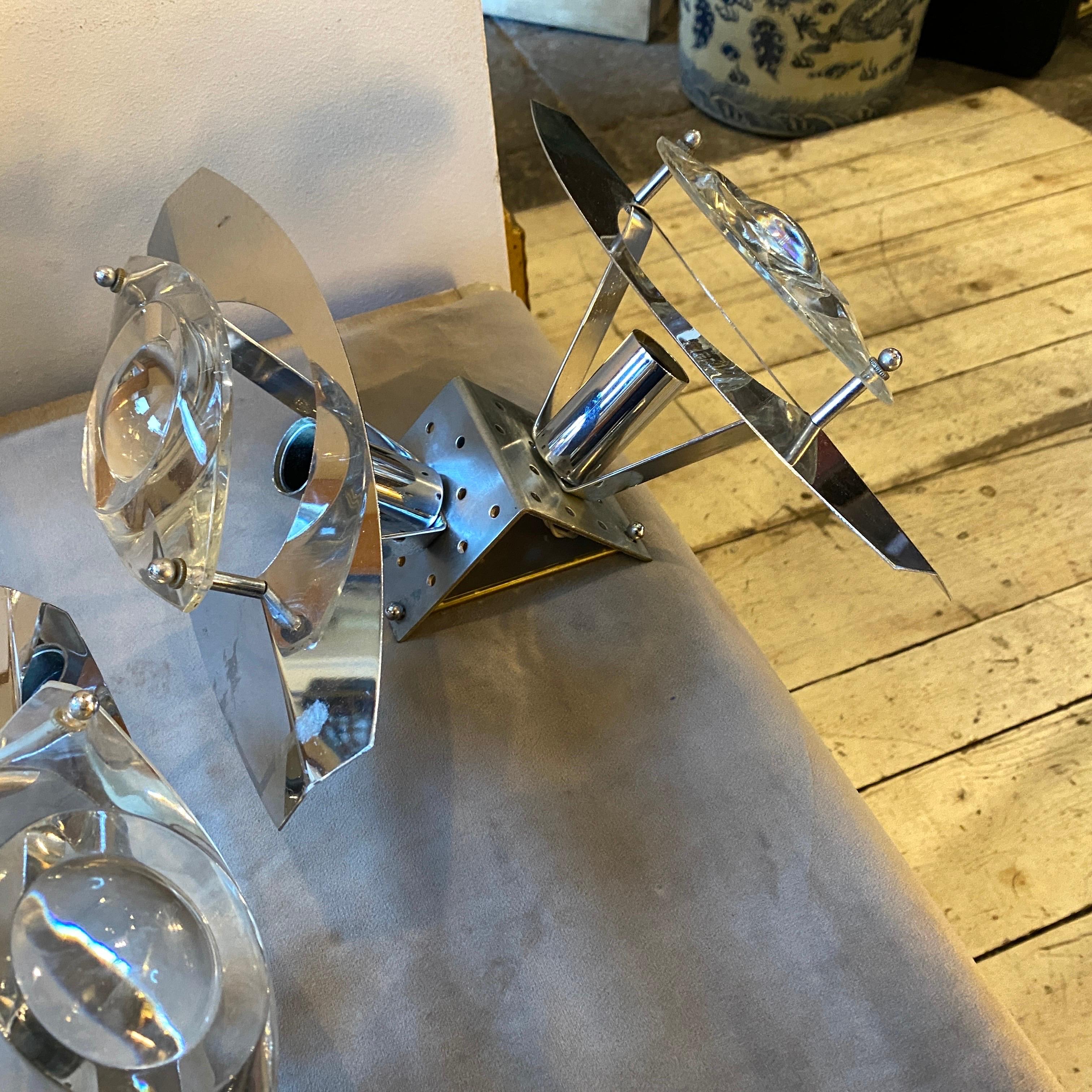 Italian 1970s Set of Two Oscar Torlasco Space Age Chromed Metal and Glass Wall Sconces For Sale