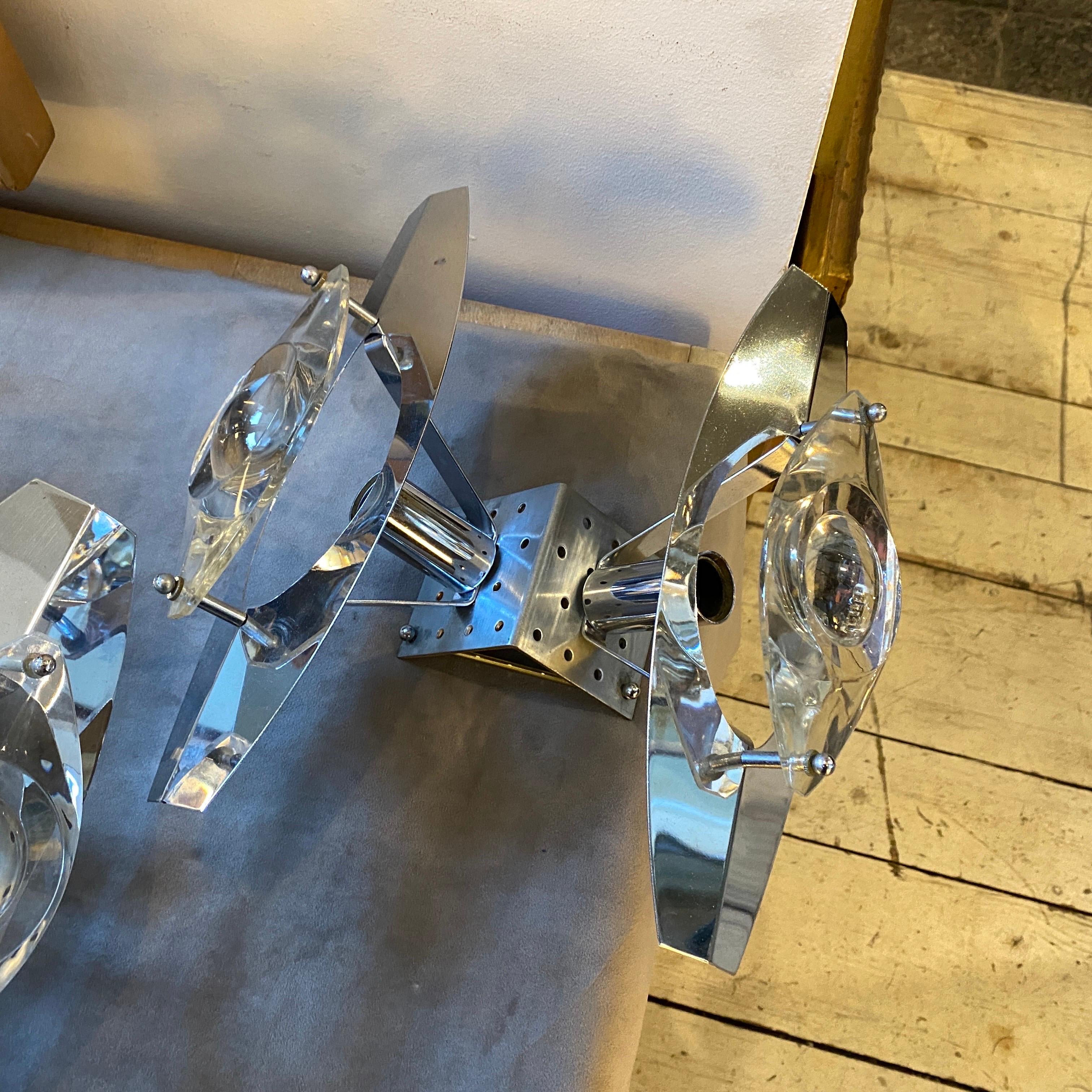 20th Century 1970s Set of Two Oscar Torlasco Space Age Chromed Metal and Glass Wall Sconces For Sale