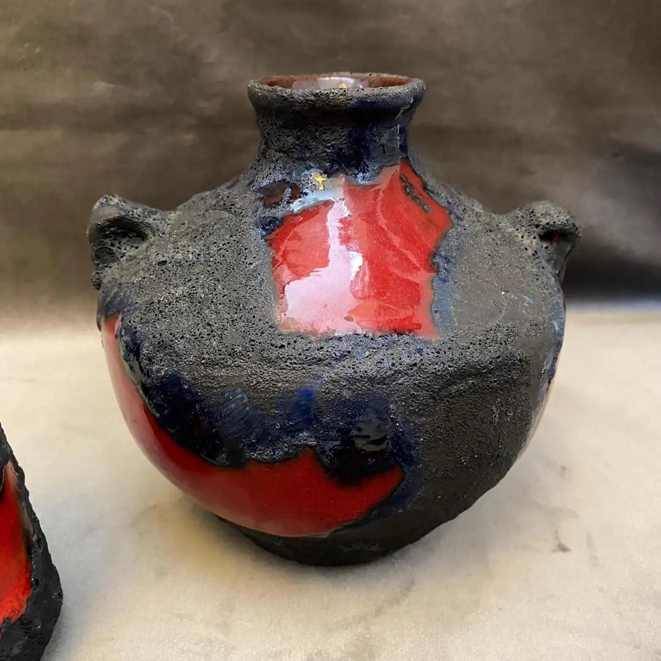 1970s Set of Two Red and Black Fat Lava Ceramic German Vases by Roth Keramik In Good Condition In Aci Castello, IT