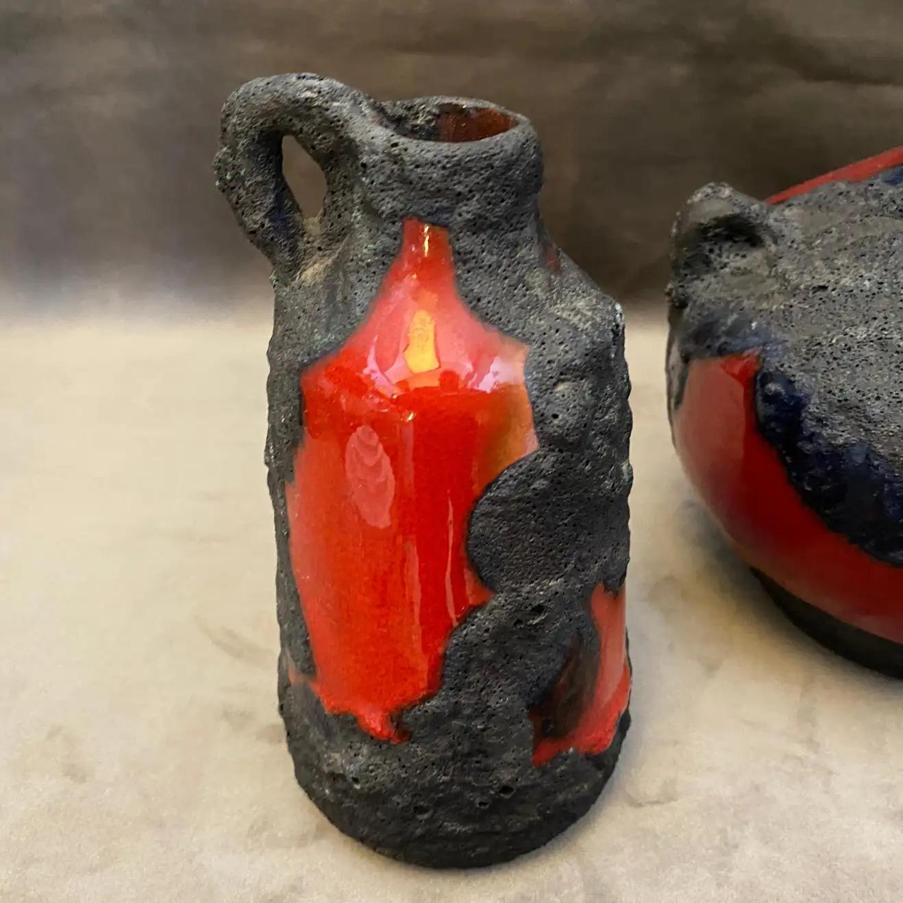 1970s Set of Two Red and Black Fat Lava Ceramic German Vases by Roth Keramik 1