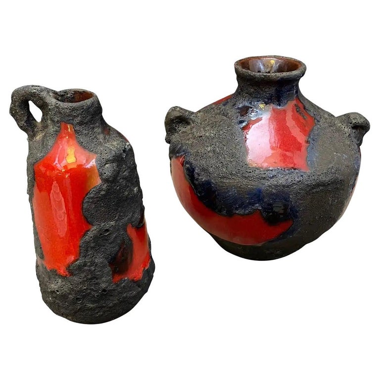 1970s Set of Two Red and Black Fat Lava Ceramic German Vases by Roth Keramik For Sale