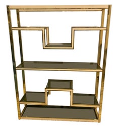 1970s Set of Two Romeo Rega Mid-Century Modern Brass and Smoked glass Bookcases