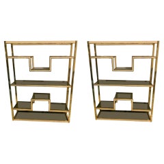 1970s Set of Two Romeo Rega Mid-Century Modern Brass and Smoked glass Bookcases