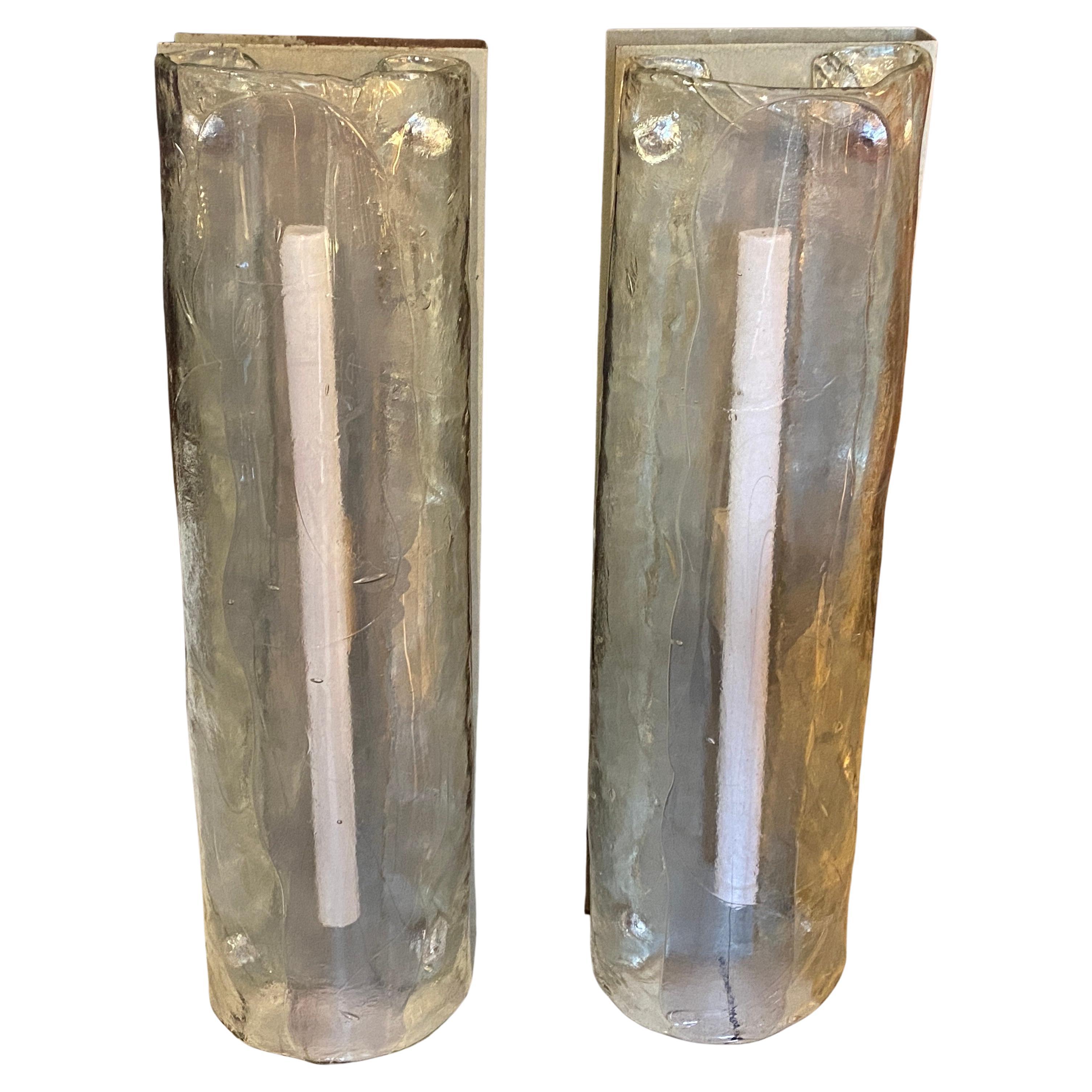 1970s, Set of Two Space Age Murano Glass Transparent Huge Wall Sconces by Mazzega