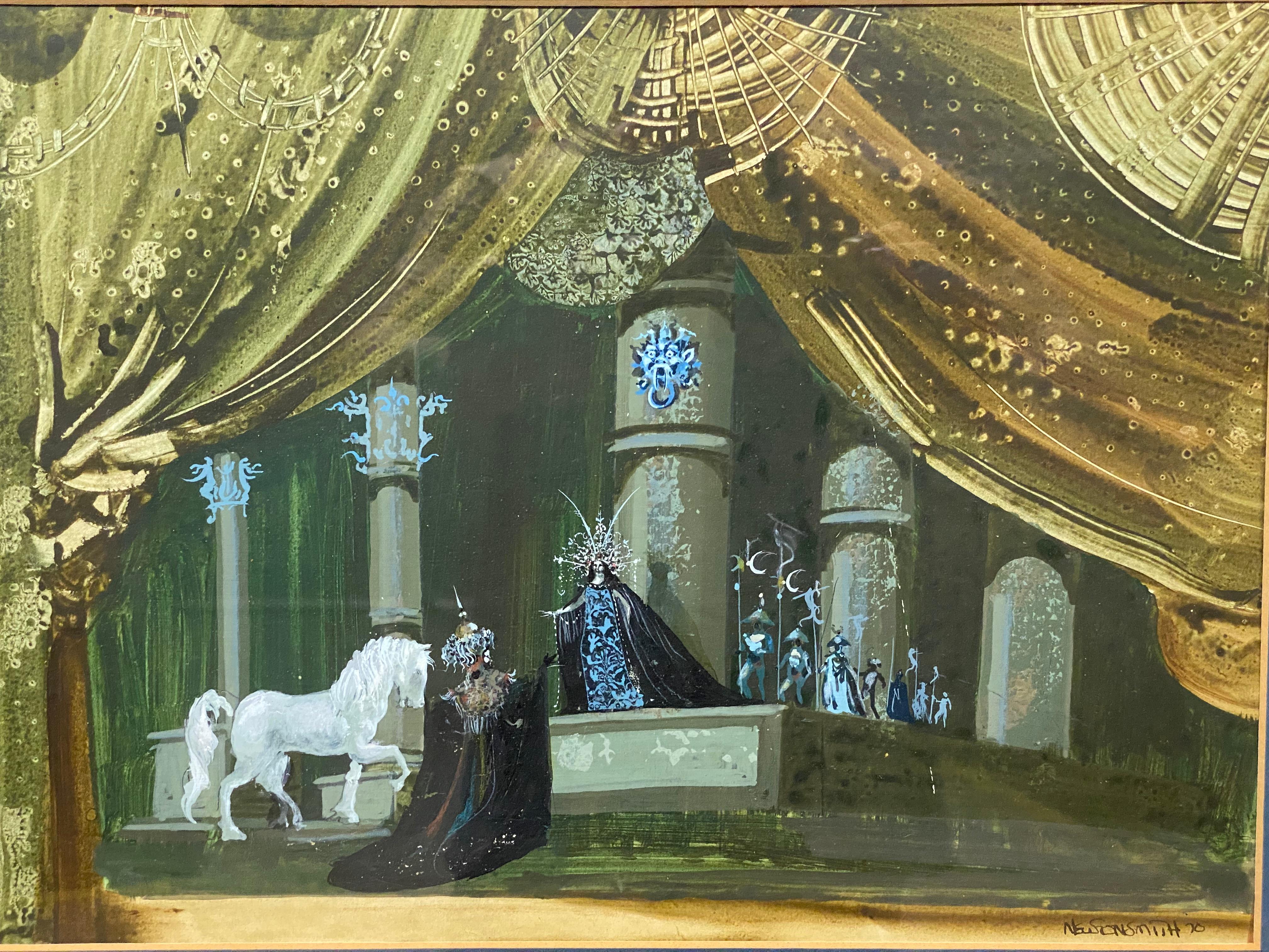 Wonderfully detailed and dramatic set design gouache and watercolor painting in the manner of the famous set designer, Oliver Smith. Colorful and vibrant stage pageantry. This work has everything from architecture, costumes, procession, drapery and
