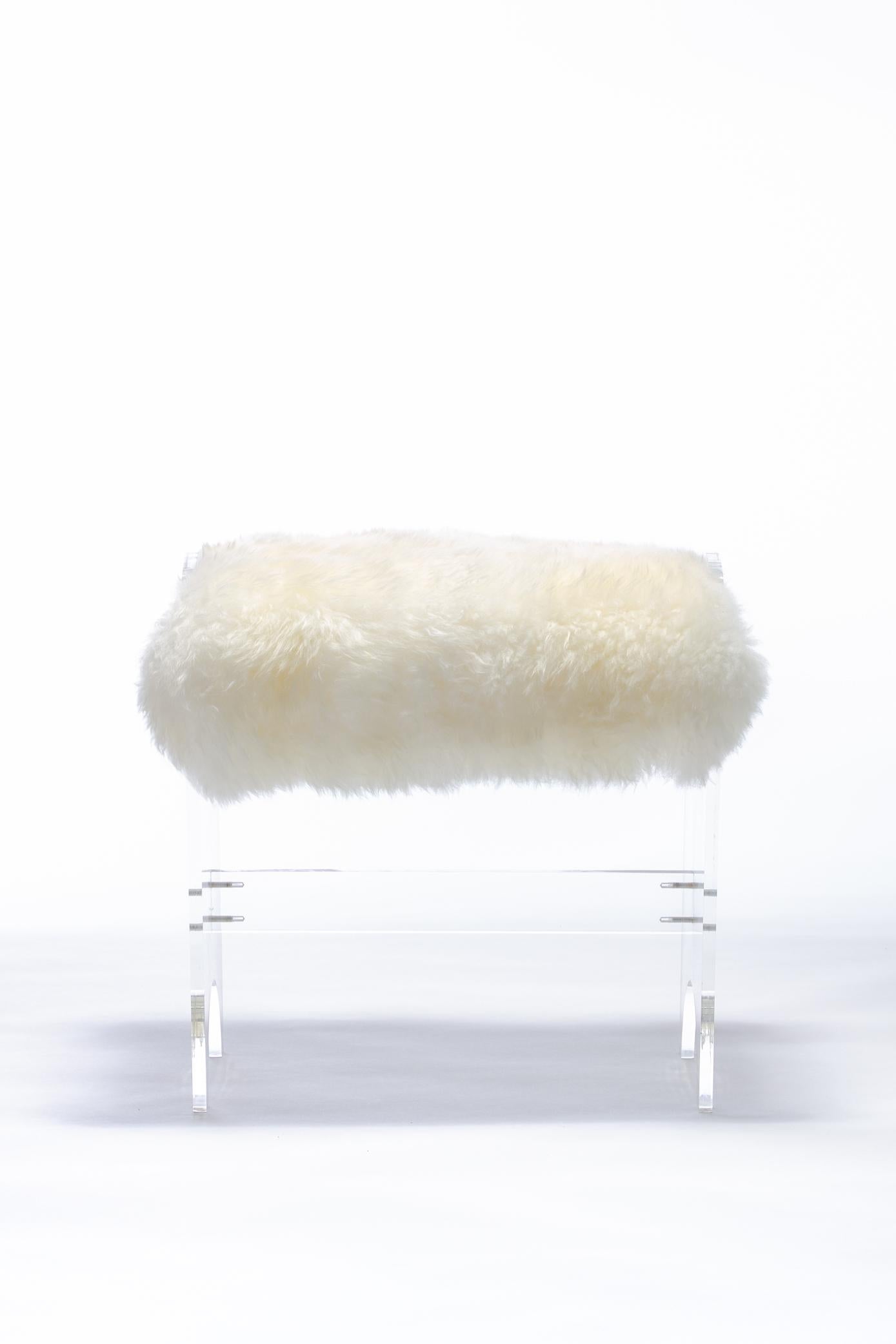 Late 20th Century 1970s Sheepskin and Lucite Vanity Stool
