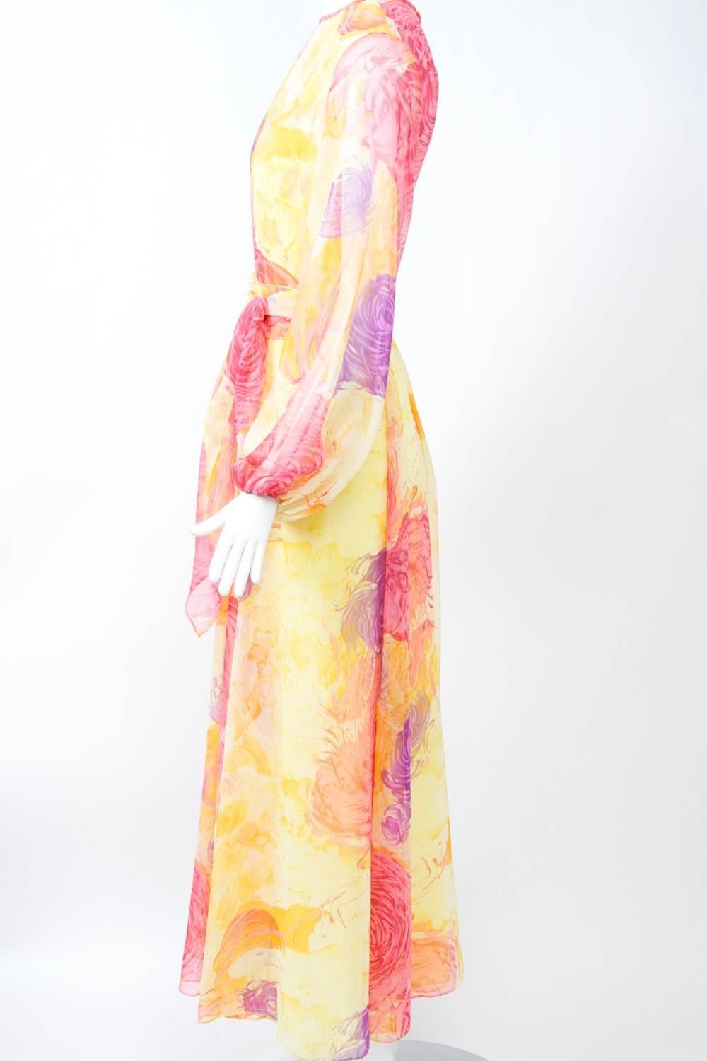 1970s Sheer Print Gown In Excellent Condition In Alford, MA
