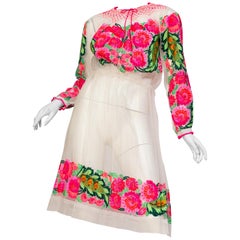 1970S Sheer Romanian Hot Pink Embroidered Dress1970S Sheer Romanian Hot Pink Emb