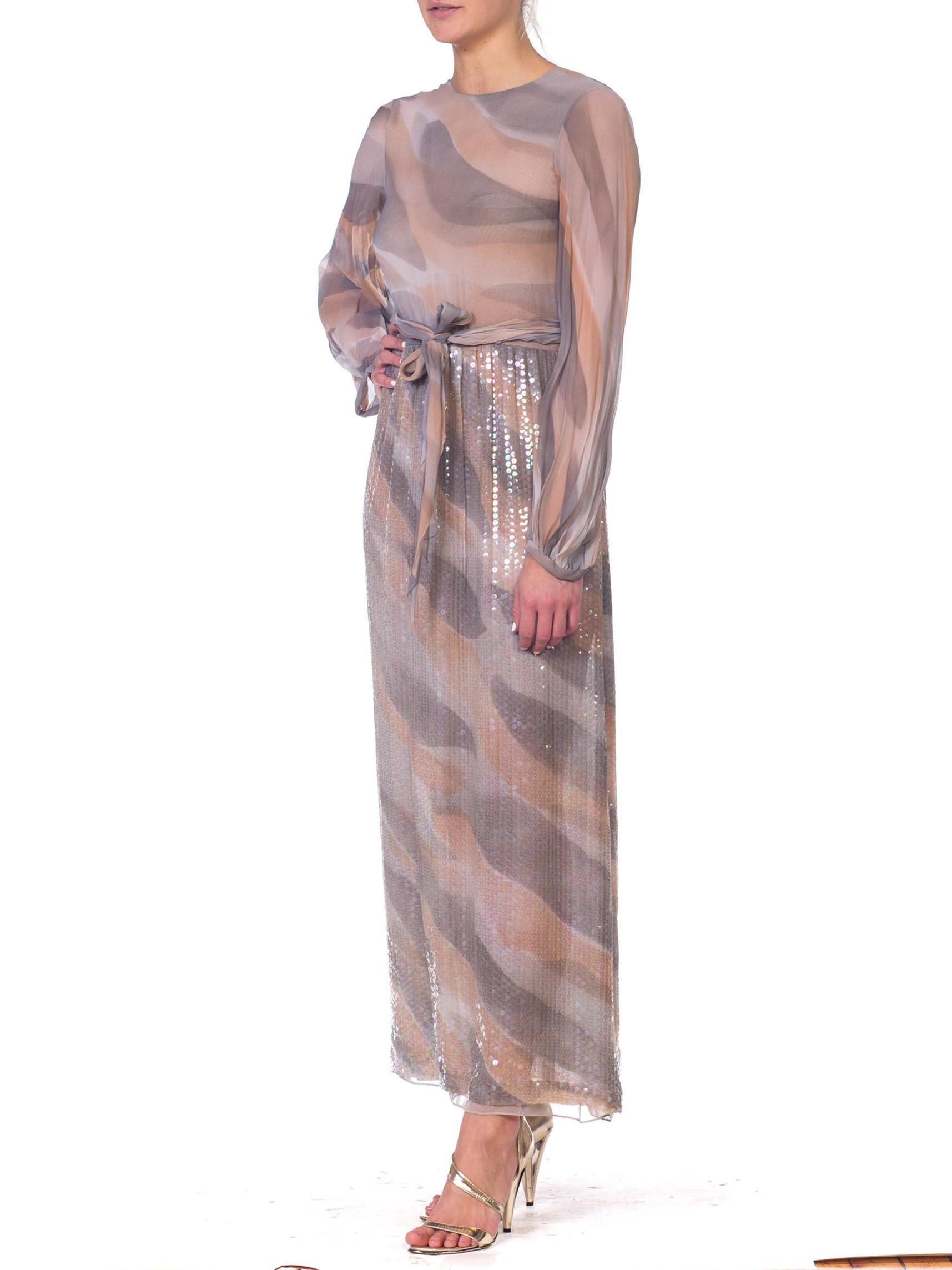 Brown 1970S HALSTON Style Oyster Grey Poly/Rayon Chiffon Sheer Sequin Cloud Print Gow